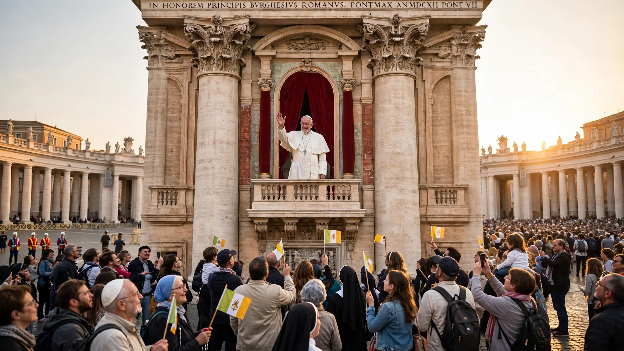 El papa León XIV saludando a los fieles en la plaza de San Pedro, en el Vaticano, bajo una luz dorada