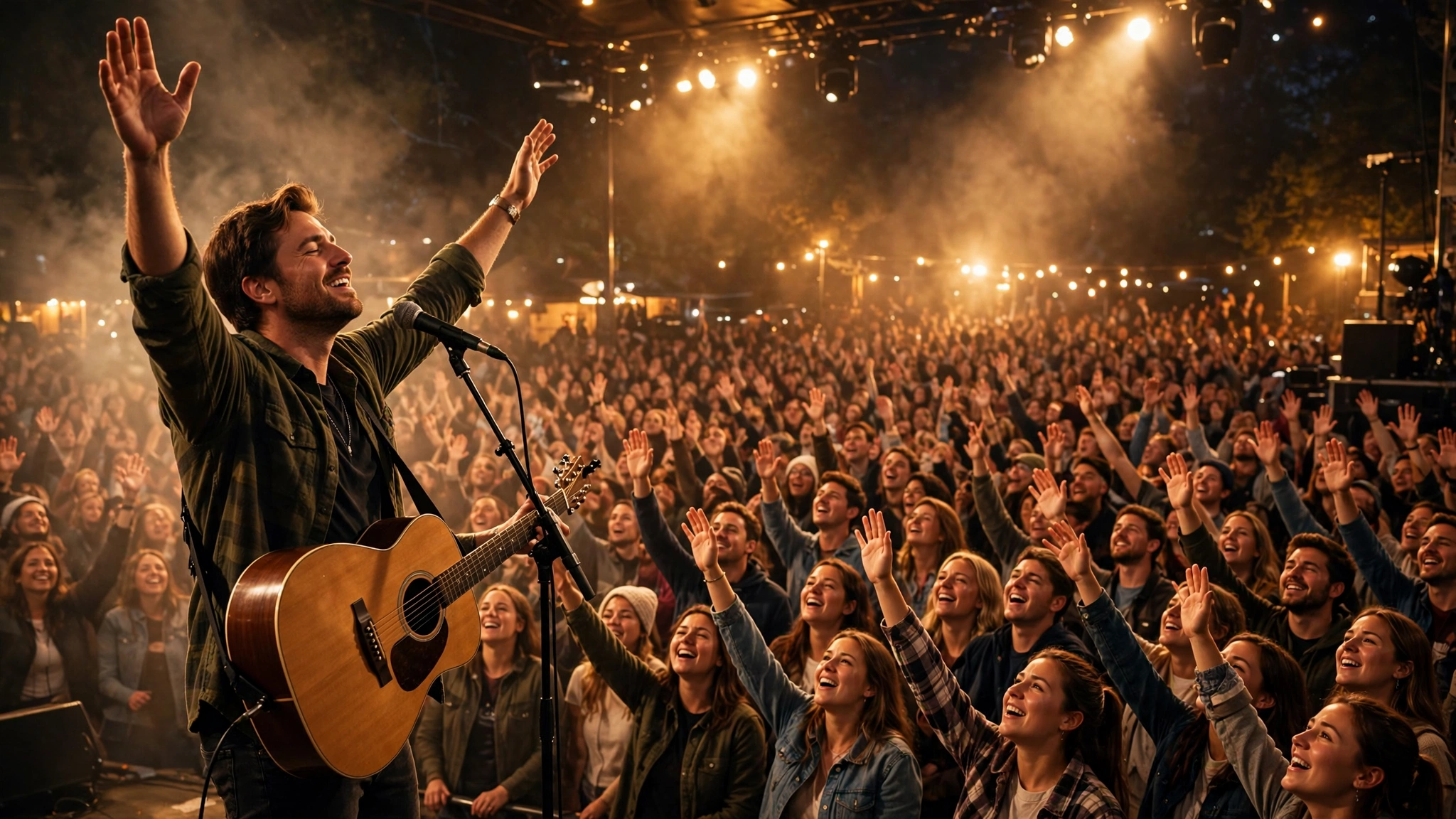 Chris Tomlin leading worship on stage before a large crowd with raised hands and golden concert lights