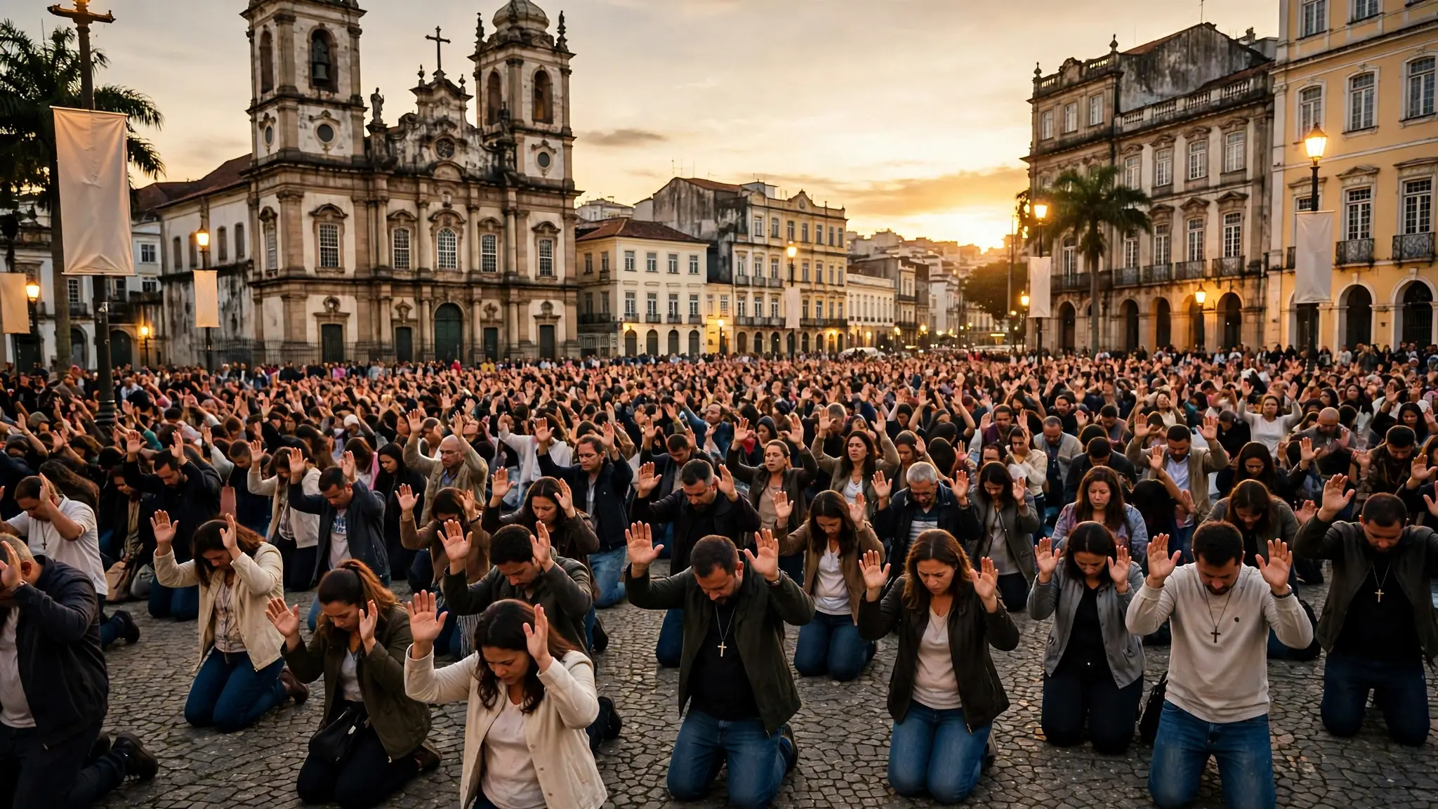 Multidão de cristãos brasileiros ajoelhados em oração em praça pública do Rio de Janeiro ao entardecer