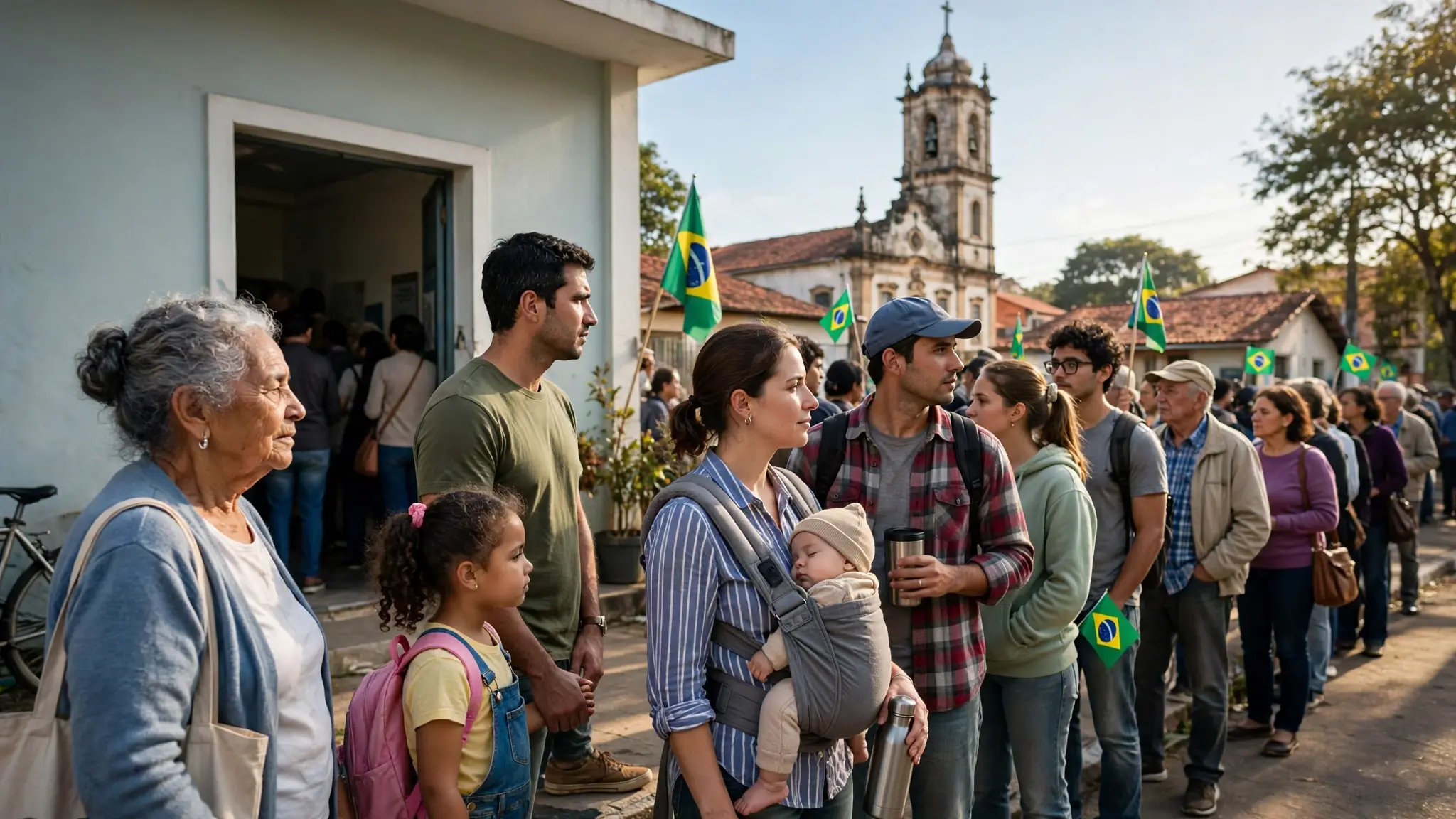 Eleitores brasileiros em fila tranquila diante de uma seção eleitoral num domingo de sol, com torre de igreja ao fundo