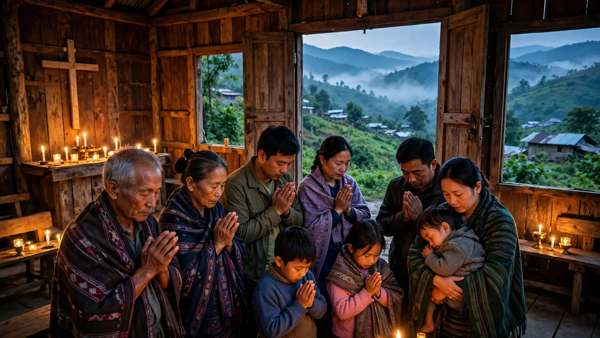 मणिपुर की पहाड़ियों में एक साधारण चर्च में प्रार्थना करते कुकी-जो ईसाई परिवार