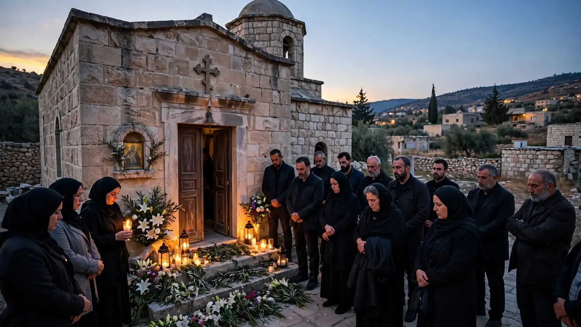Mourners gathered outside a Greek Orthodox church in Karak, Jordan, after a deadly funeral attack