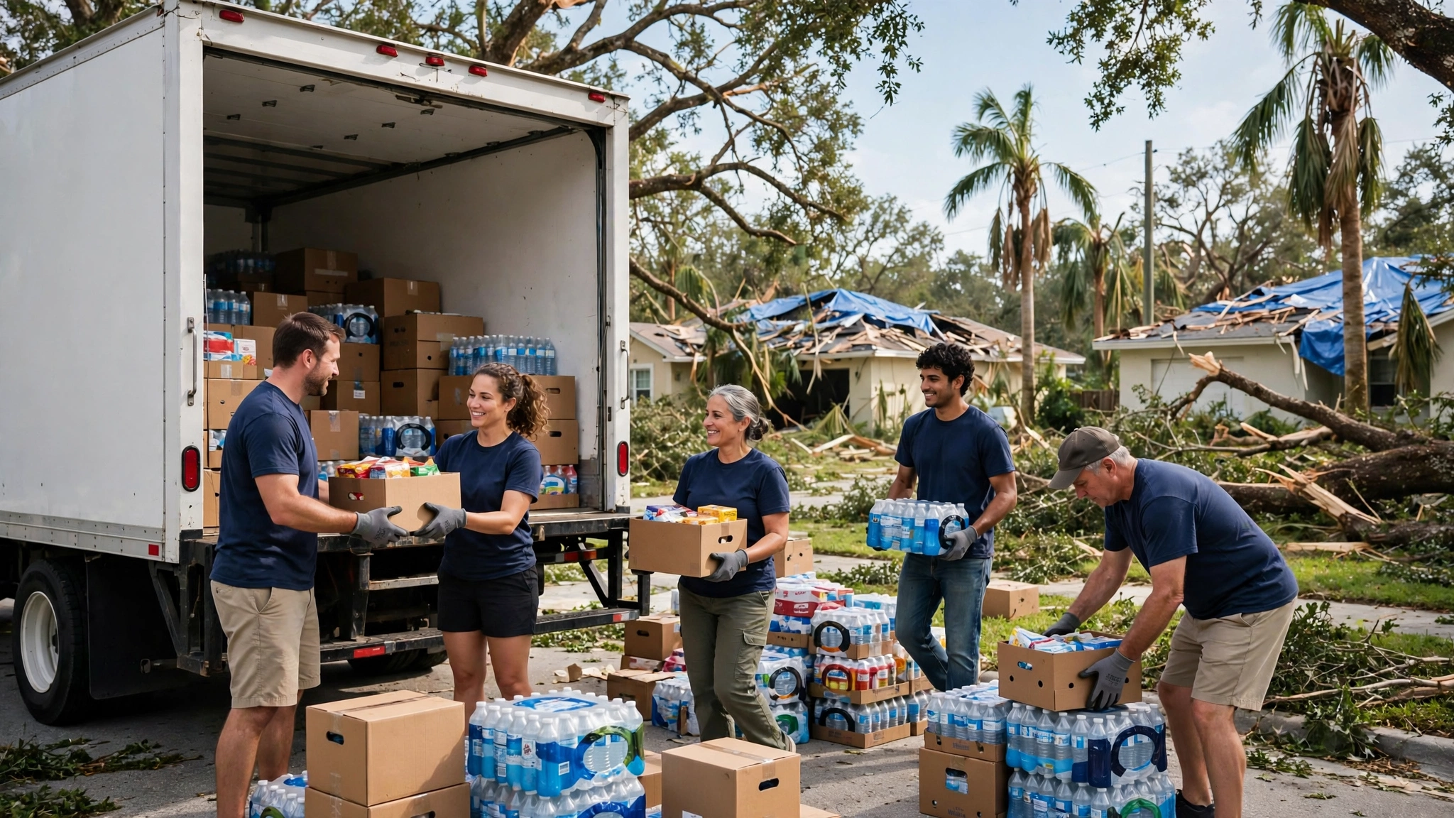 Christian disaster relief volunteers unloading food and water from a truck after Hurricane Isaias on the Gulf Coast