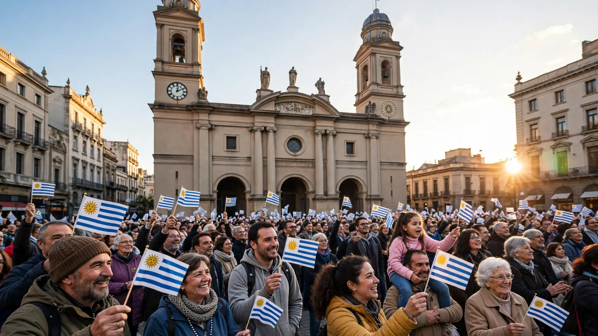 Fieles uruguayos esperando al papa León XIV en el Estadio Centenario de Montevideo al atardecer