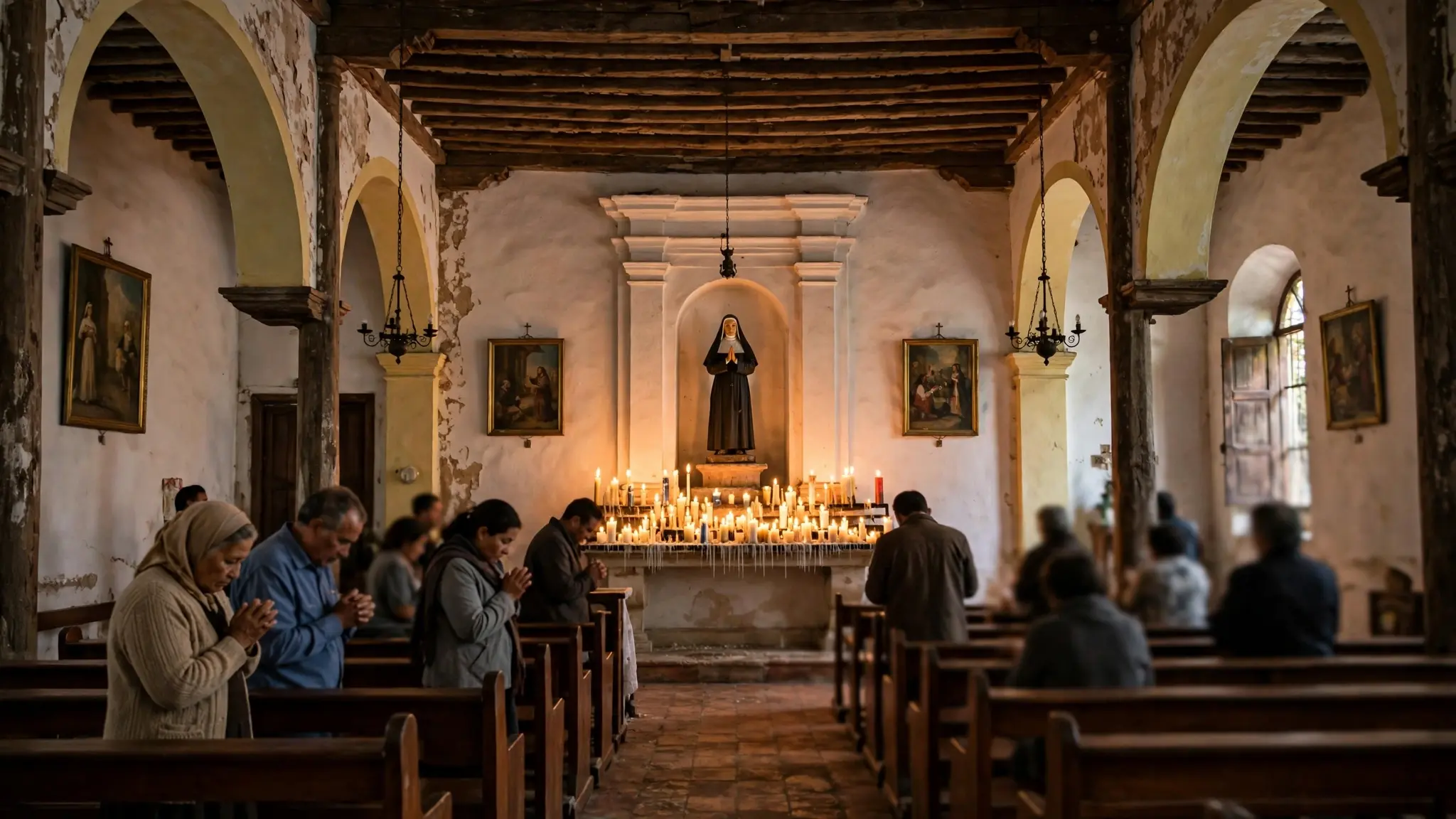 Fieles venezolanos rezando con velas ante una imagen de la madre María de San José