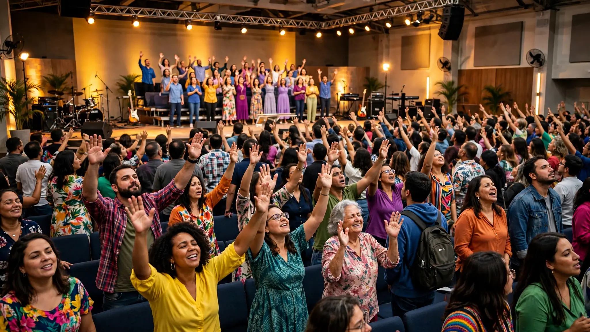 Família evangélica brasileira reunida em oração dentro de uma igreja ao entardecer