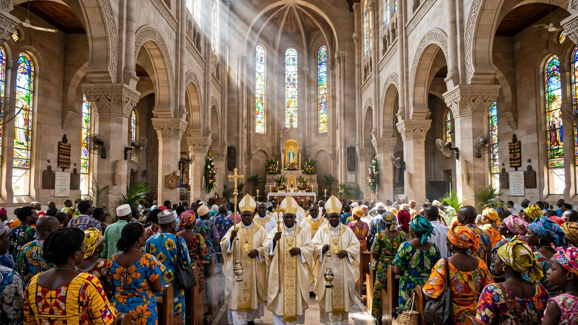 Fidèles catholiques priant dans une cathédrale du Sénégal lors d'une célébration diocésaine