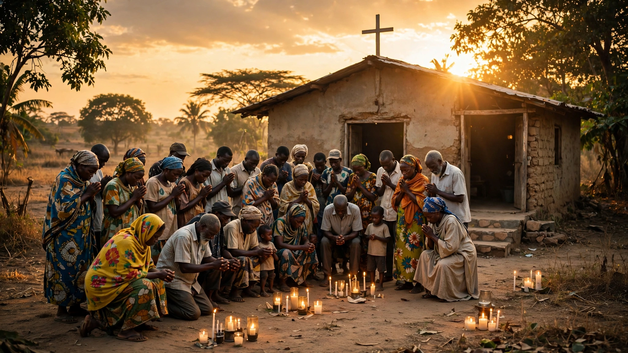 African Christians gathered in prayer at sunset outside a rural church
