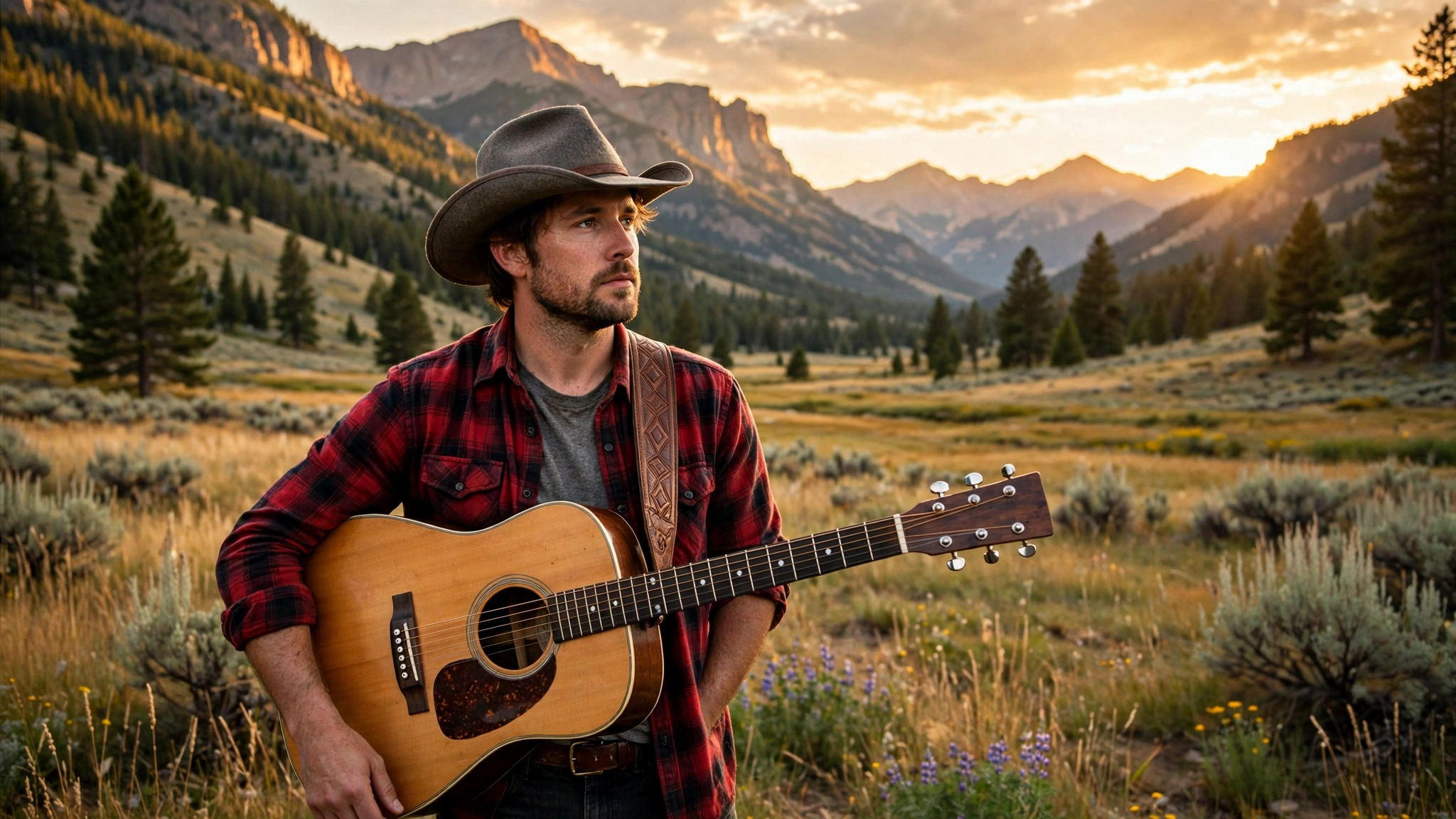 Christian country singer with acoustic guitar in a Montana mountain valley at golden hour