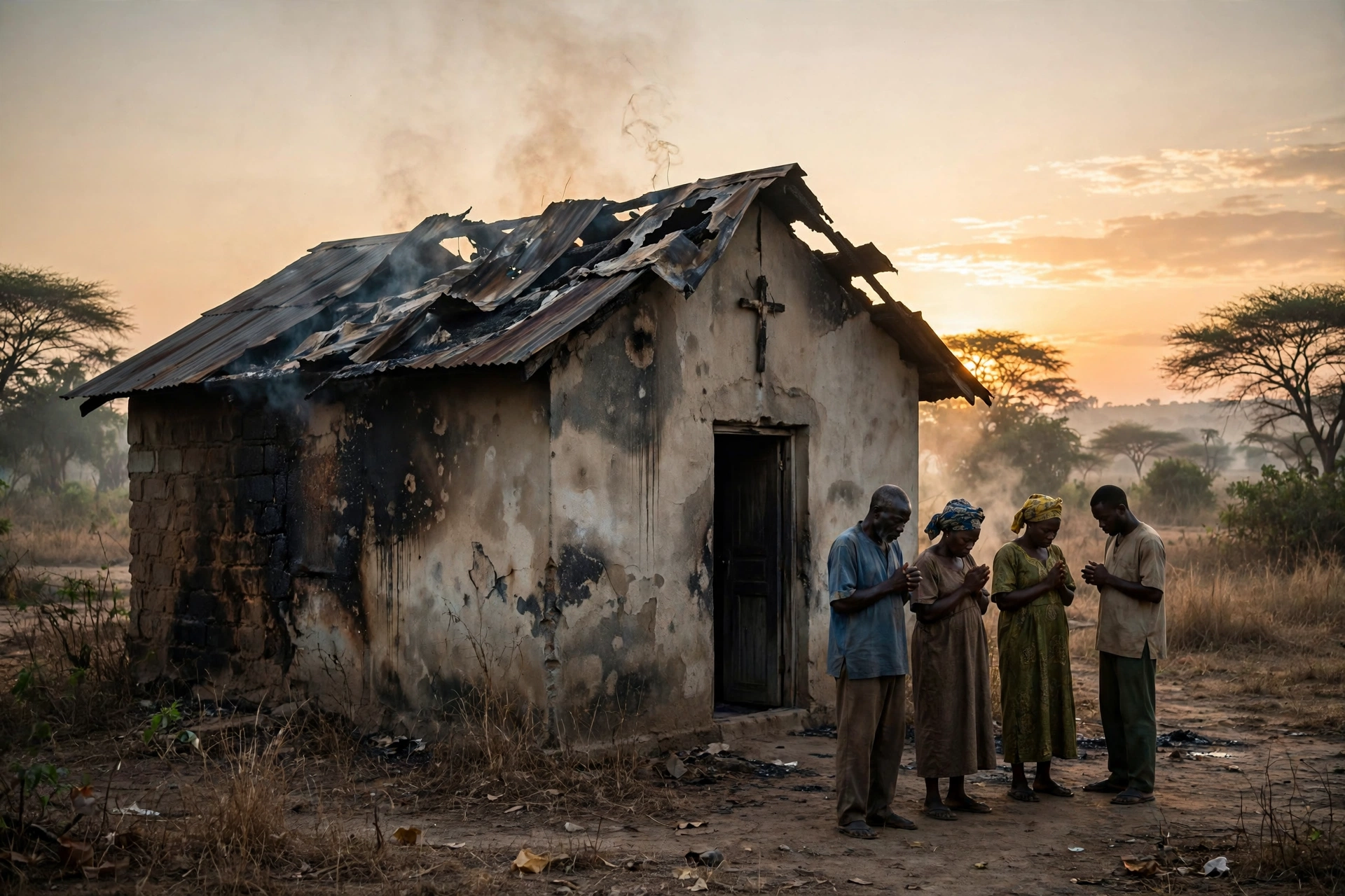 A small rural Nigerian church with scorched walls at dawn, smoke rising, villagers gathered in prayer