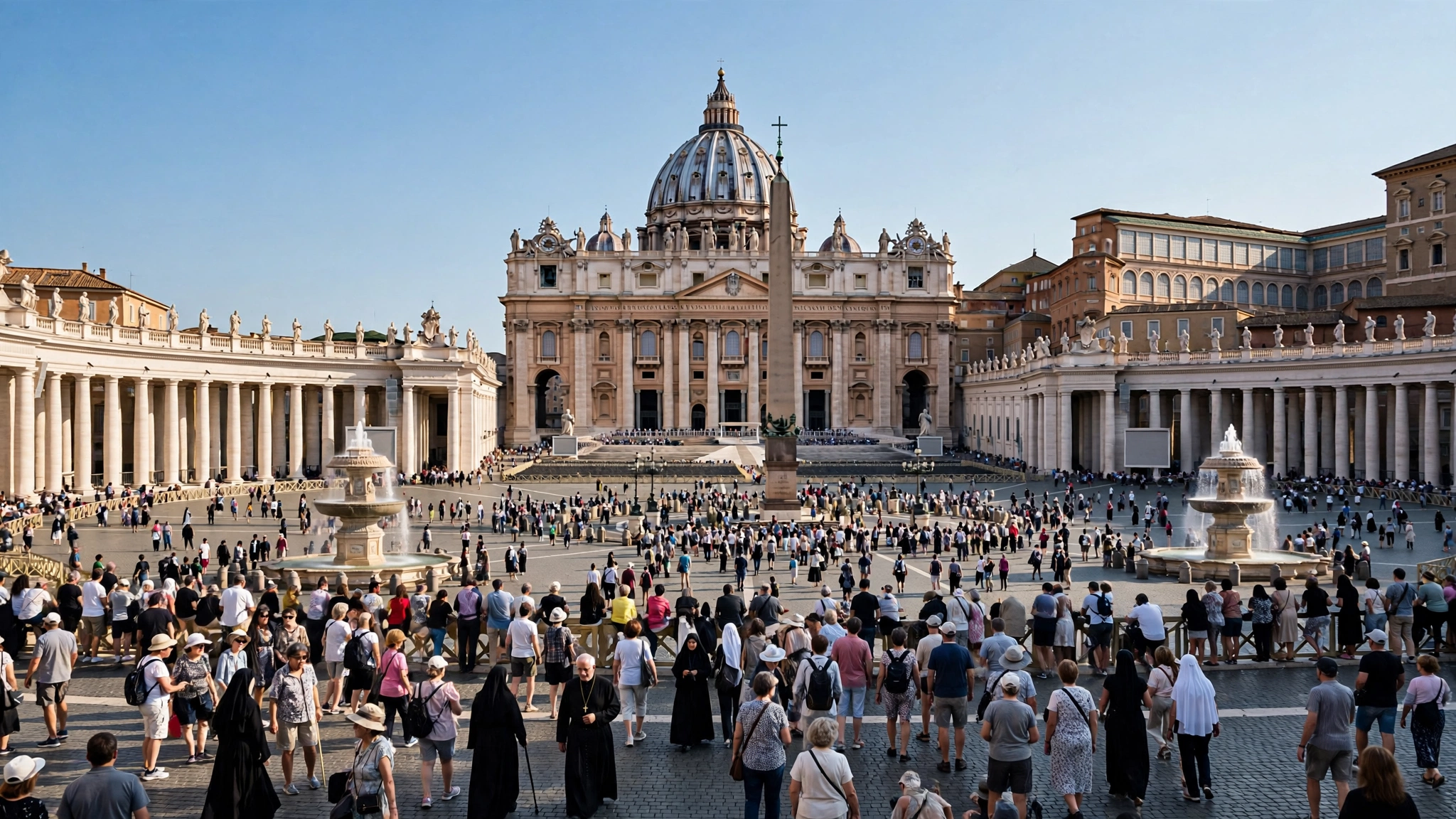 St Peter's Square in the Vatican filled with pilgrims on a sunny Sunday