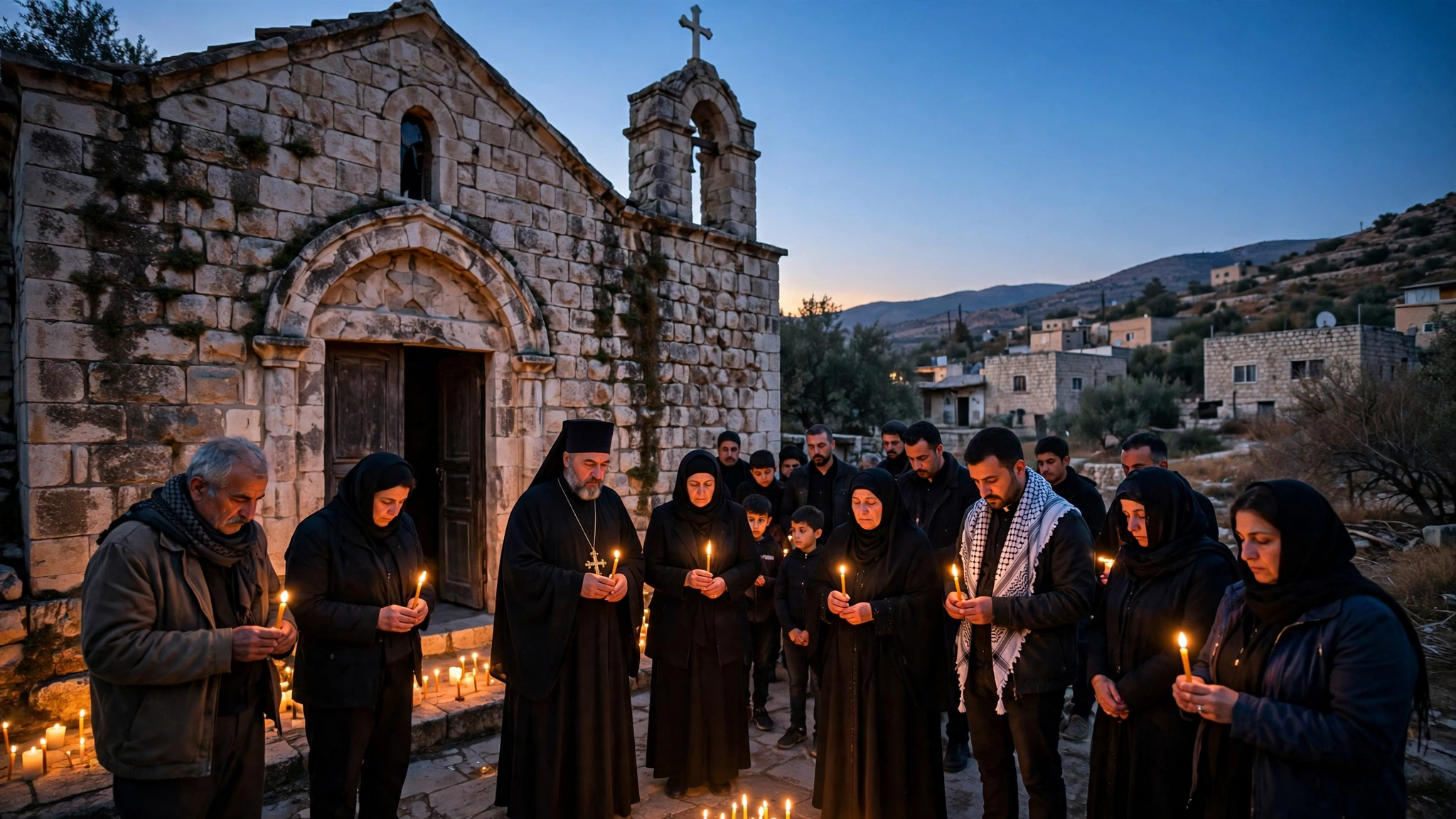 Mourners and clergy gathered outside a stone church in Jordan after a deadly attack
