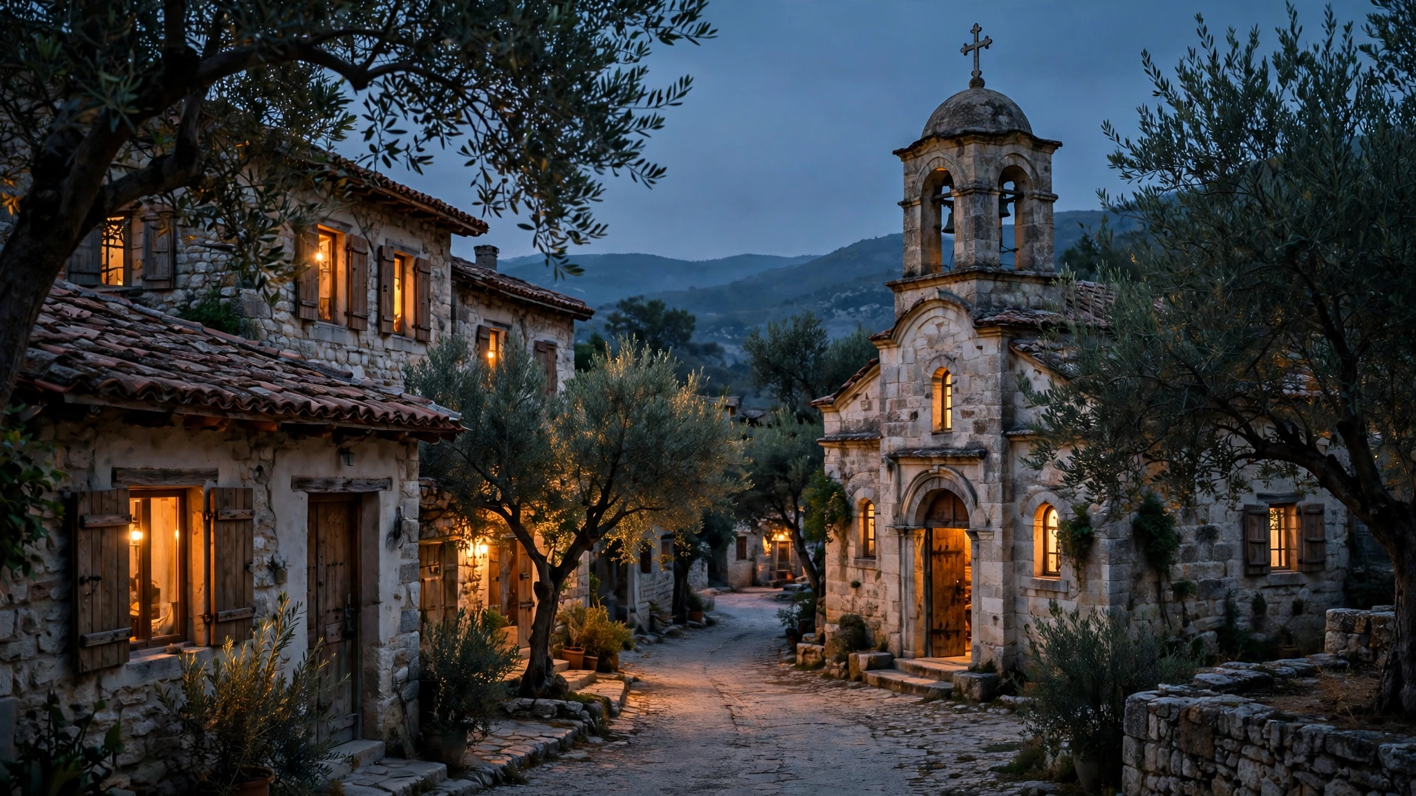 Quiet Syrian Christian village street at dusk with an old stone Orthodox church