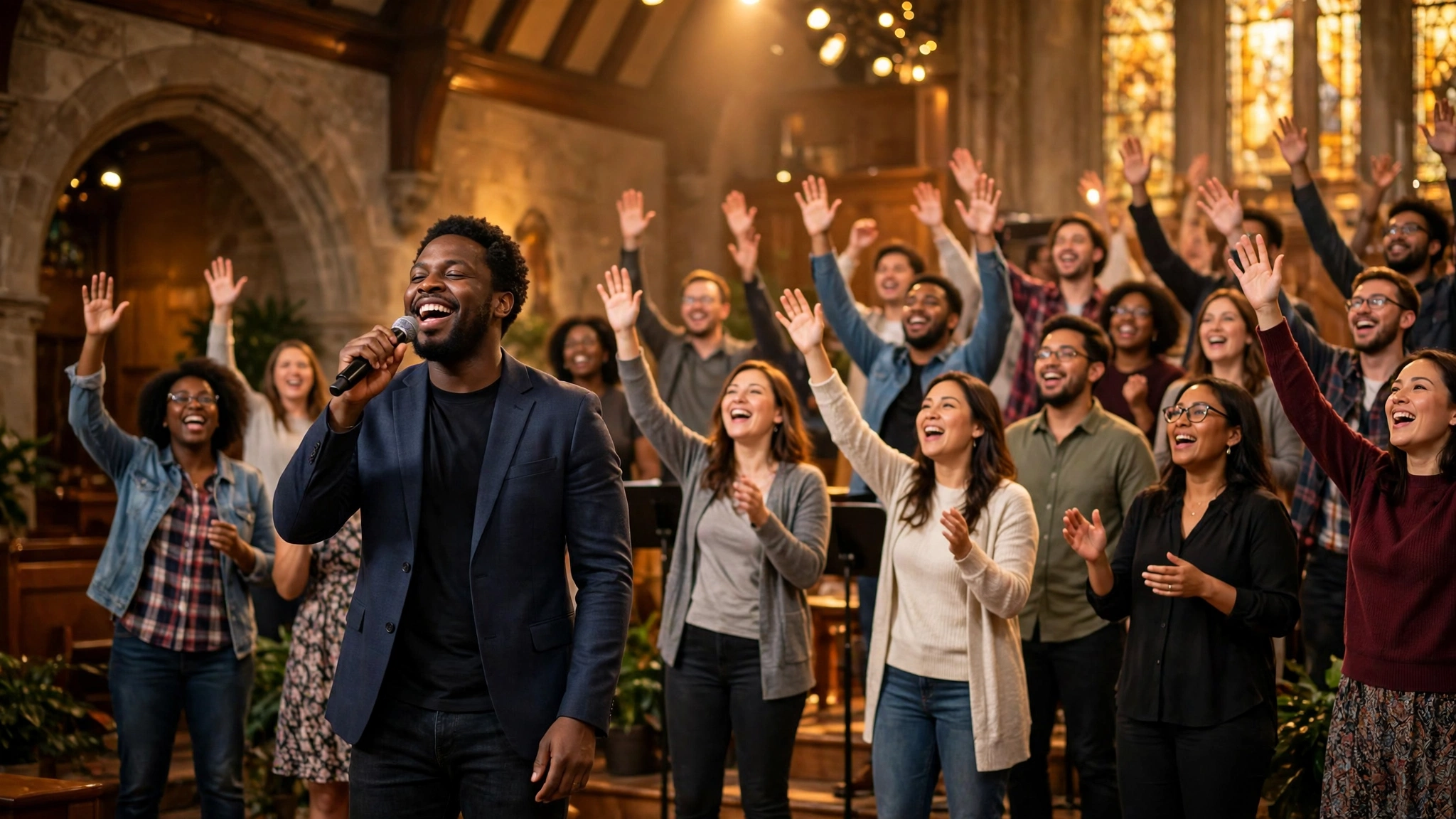 Gospel singer on stage before a choir in warm golden light