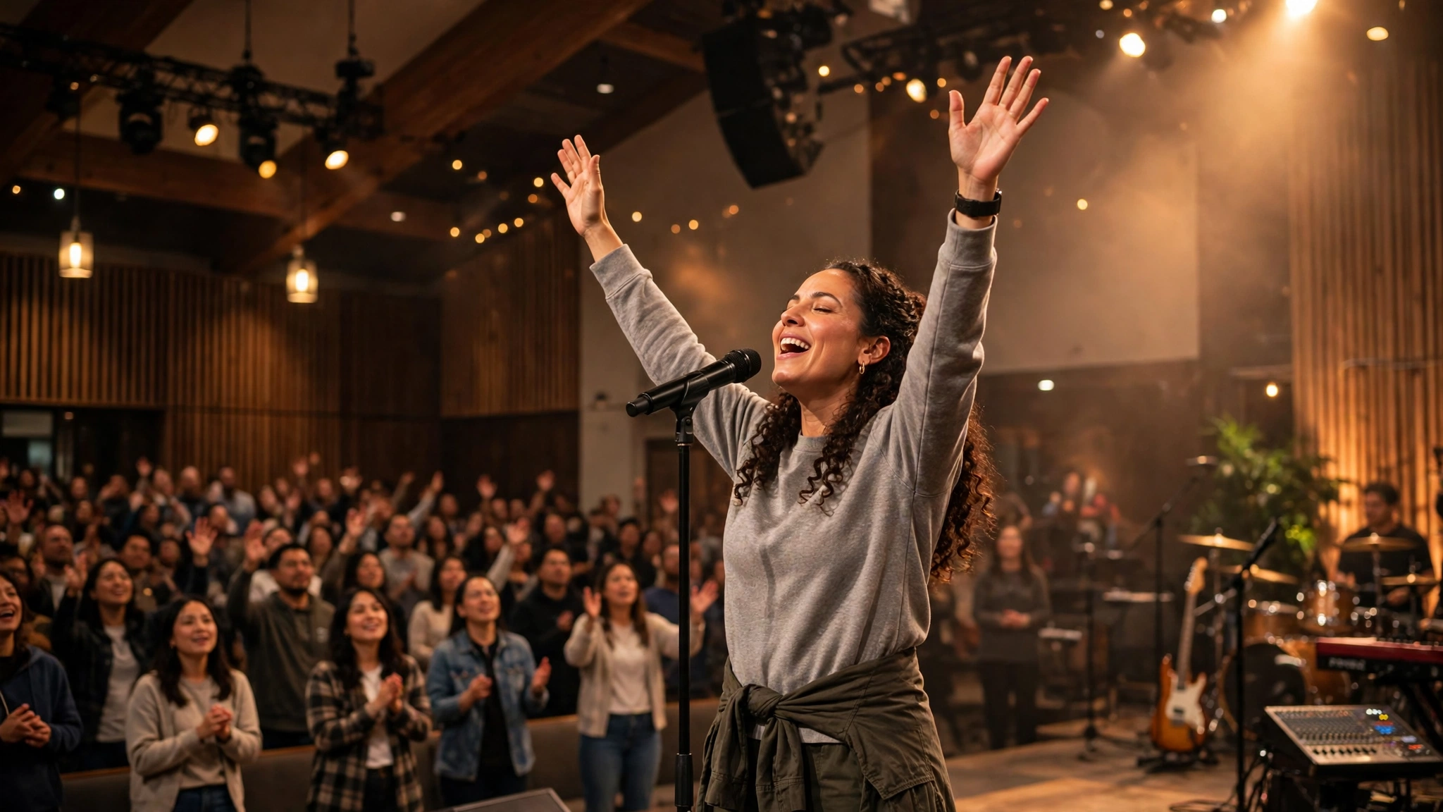 Worship leader singing with raised hands before a live congregation