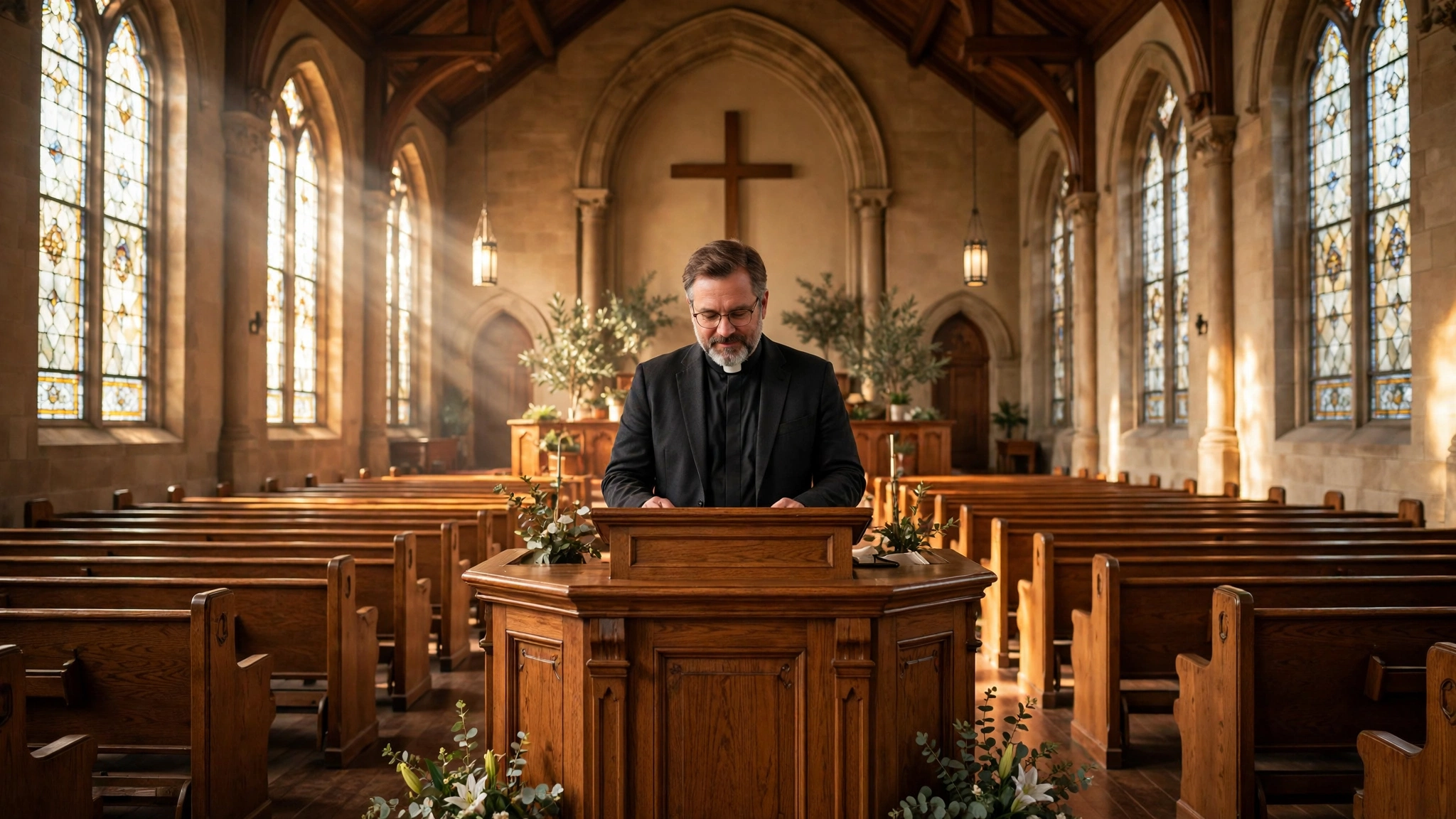 Pastor standing at a wooden pulpit in a large church sanctuary