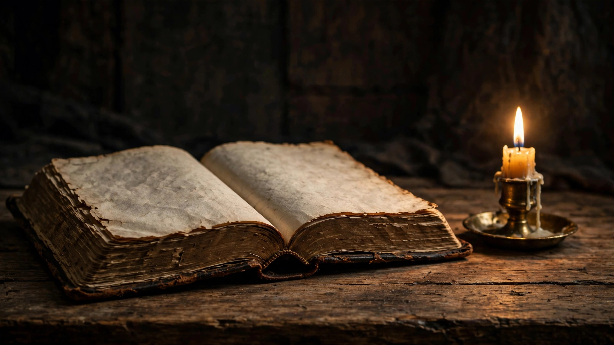 An open ancient Bible on a wooden table beside a flickering candle
