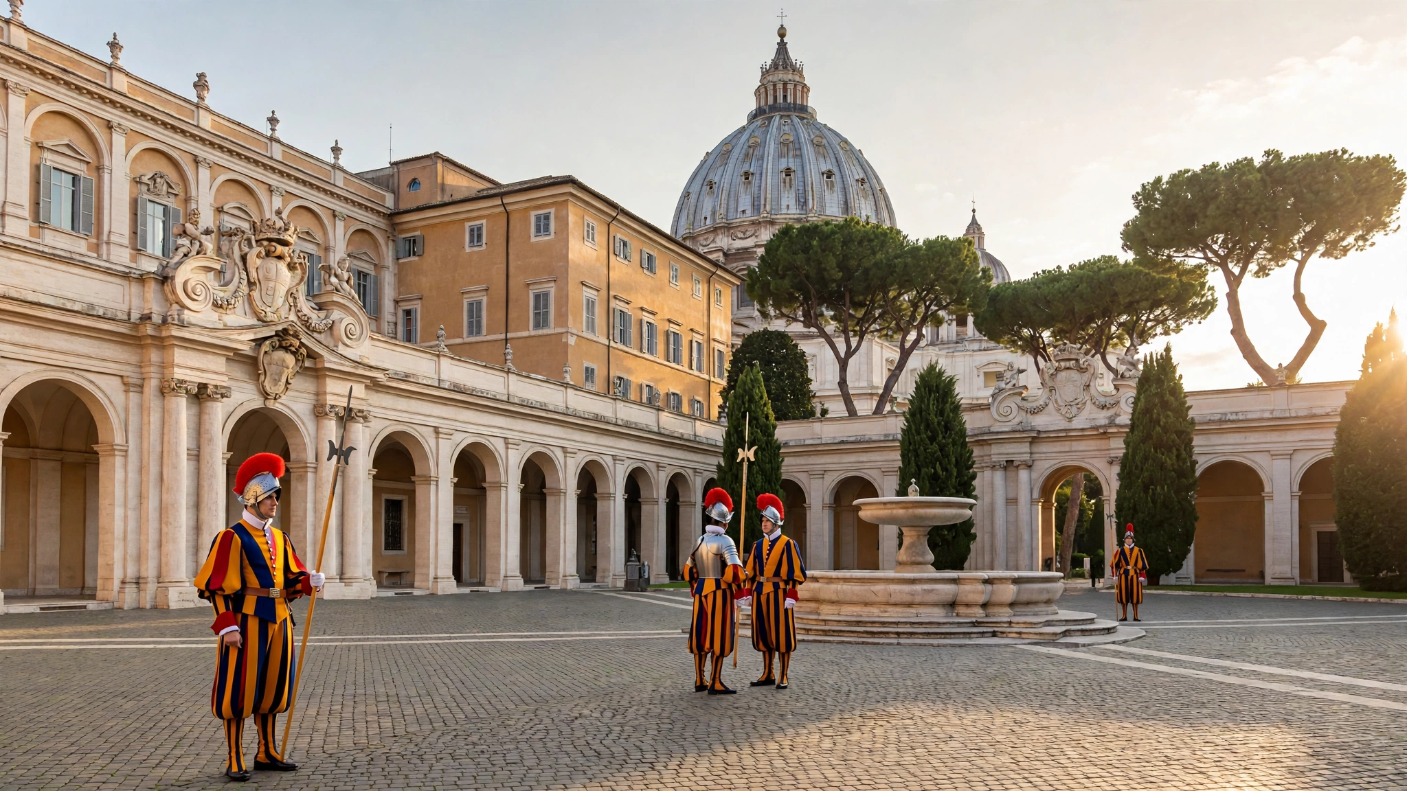 Vatican Apostolic Palace courtyard in Rome with golden afternoon light