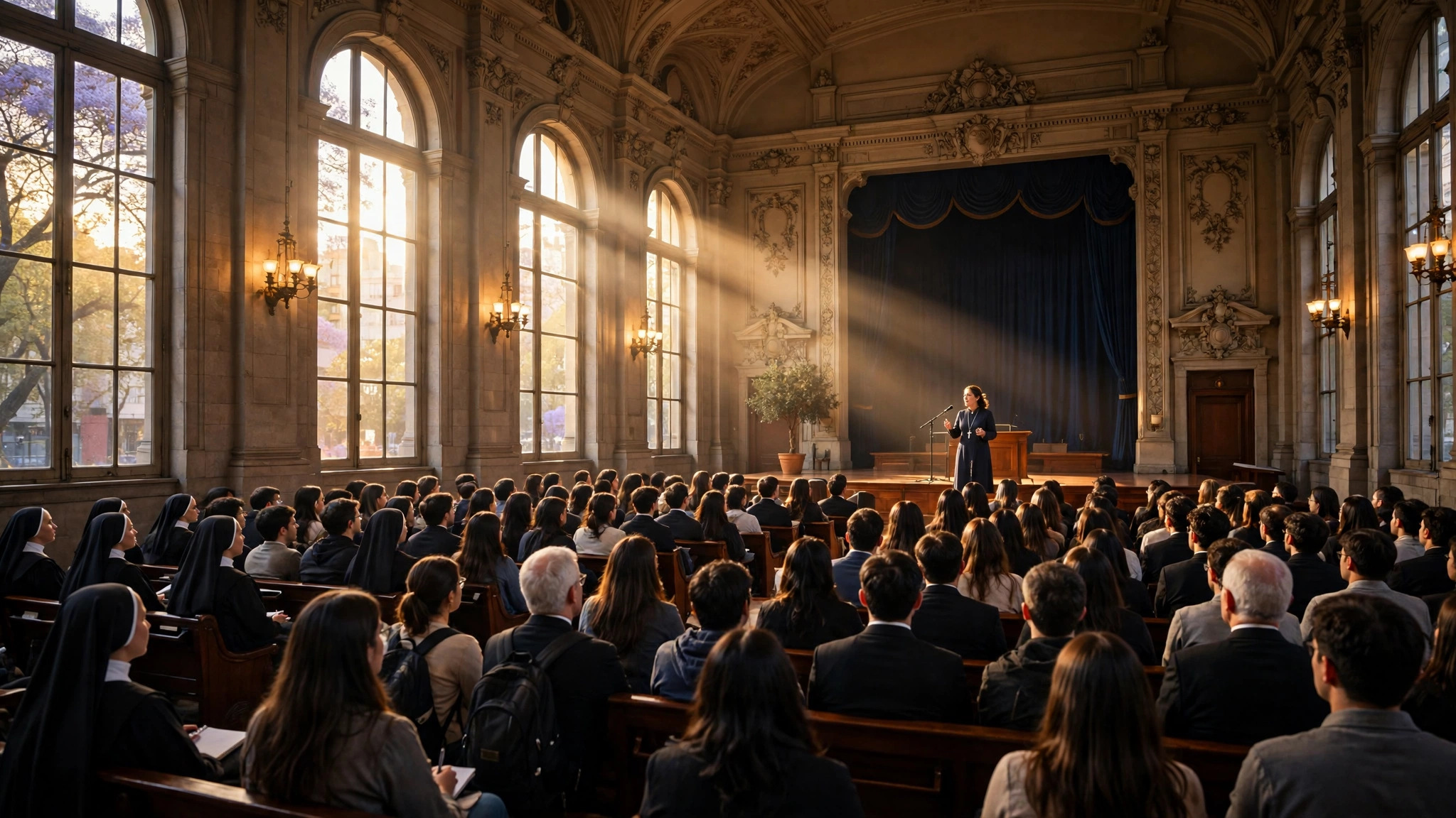 Auditorio universitario en Buenos Aires con una religiosa exponiendo ante un público atento