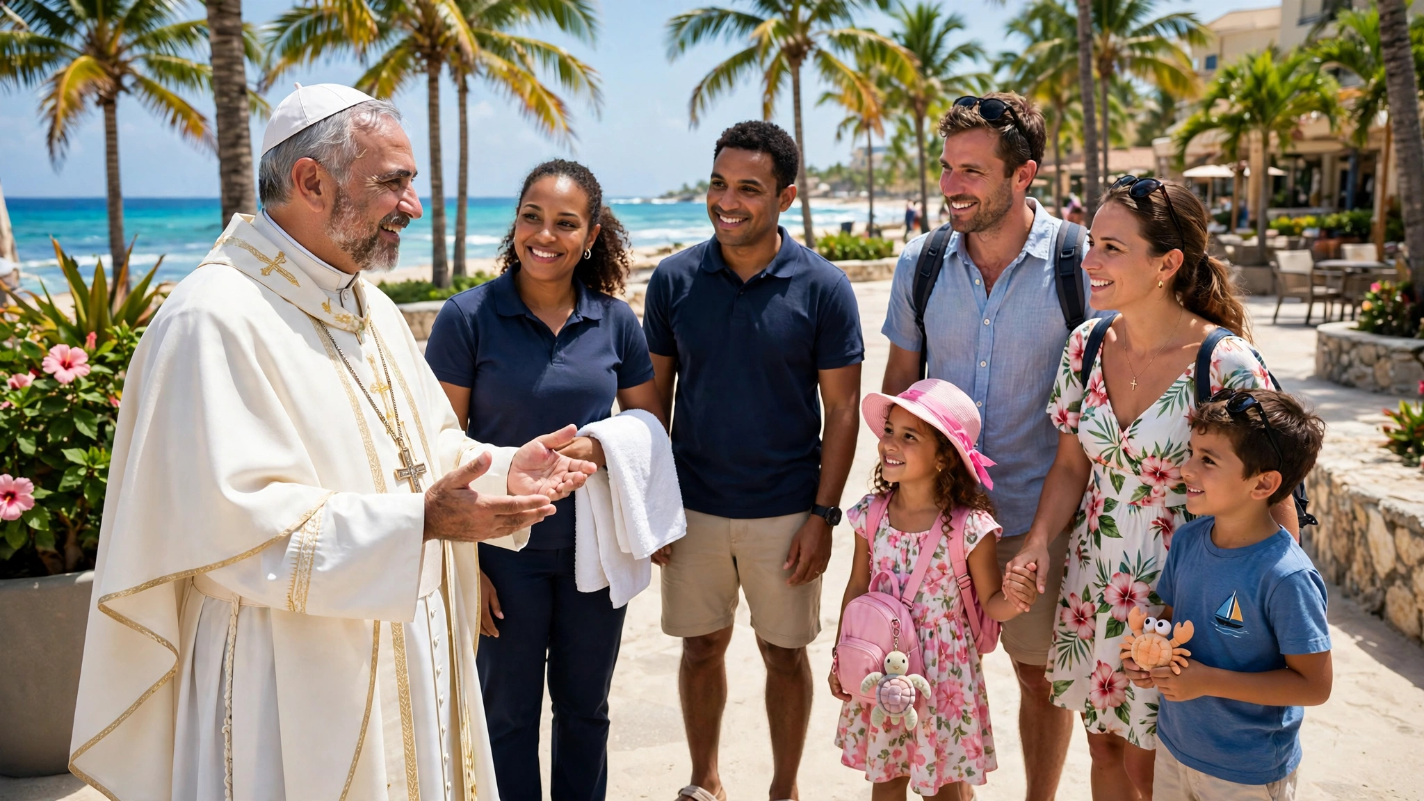 Obispo católico conversando con trabajadores de hotel y una familia de turistas en un paseo caribeño