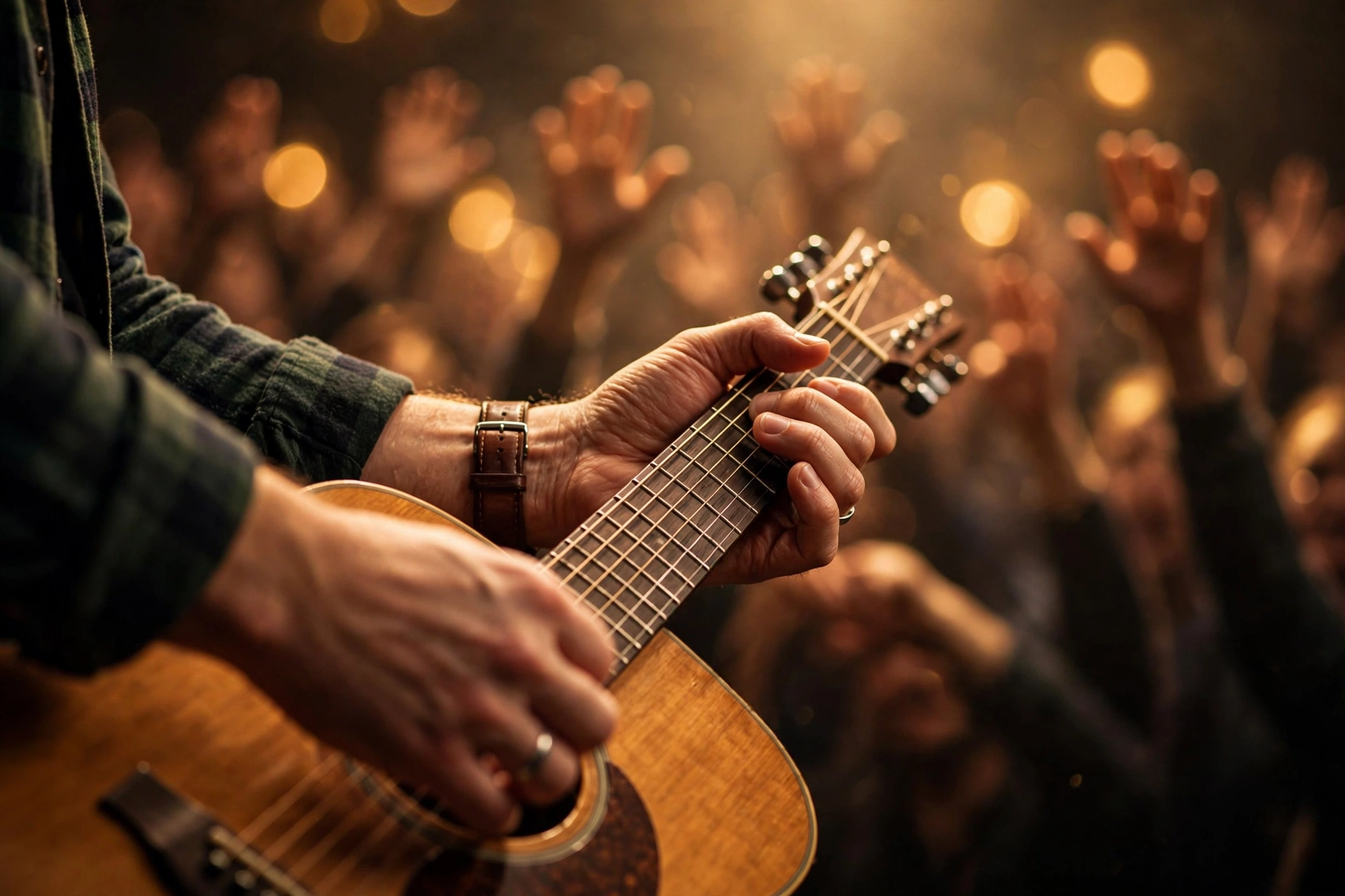 A warm amber-lit worship stage with a guitarist's hands on an acoustic guitar, a crowd of raised hands softly blurred behind