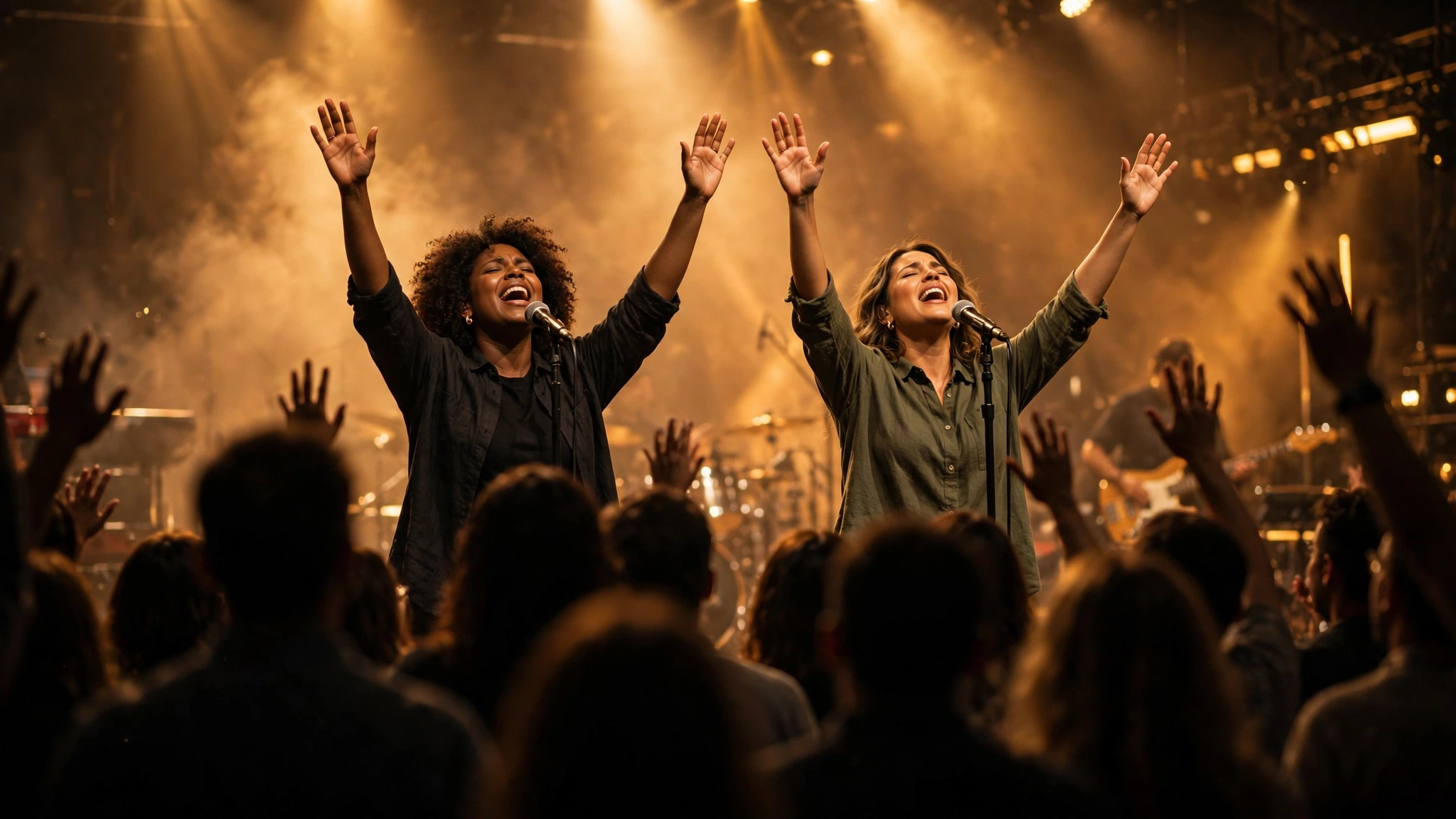Duas cantoras gospel brasileiras se apresentando ao vivo em um palco com luzes douradas e público ao fundo