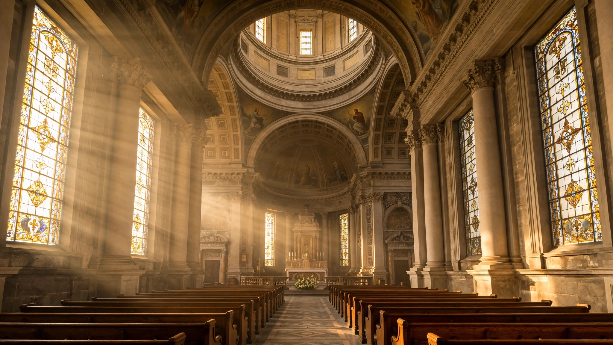 Interior of a historic American Catholic basilica bathed in warm morning light