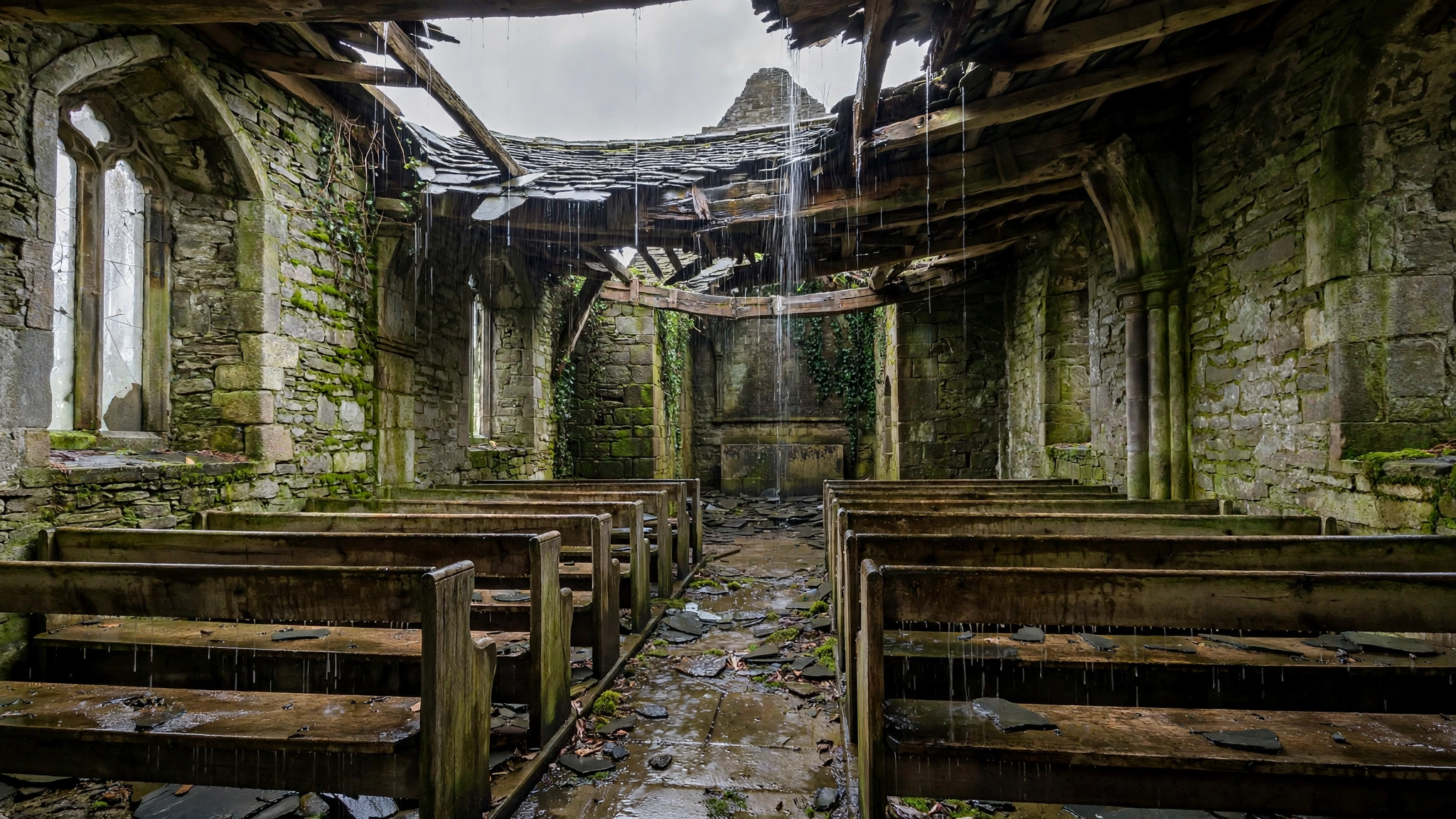 Rain falling through a damaged roof onto wooden pews inside an old English stone church