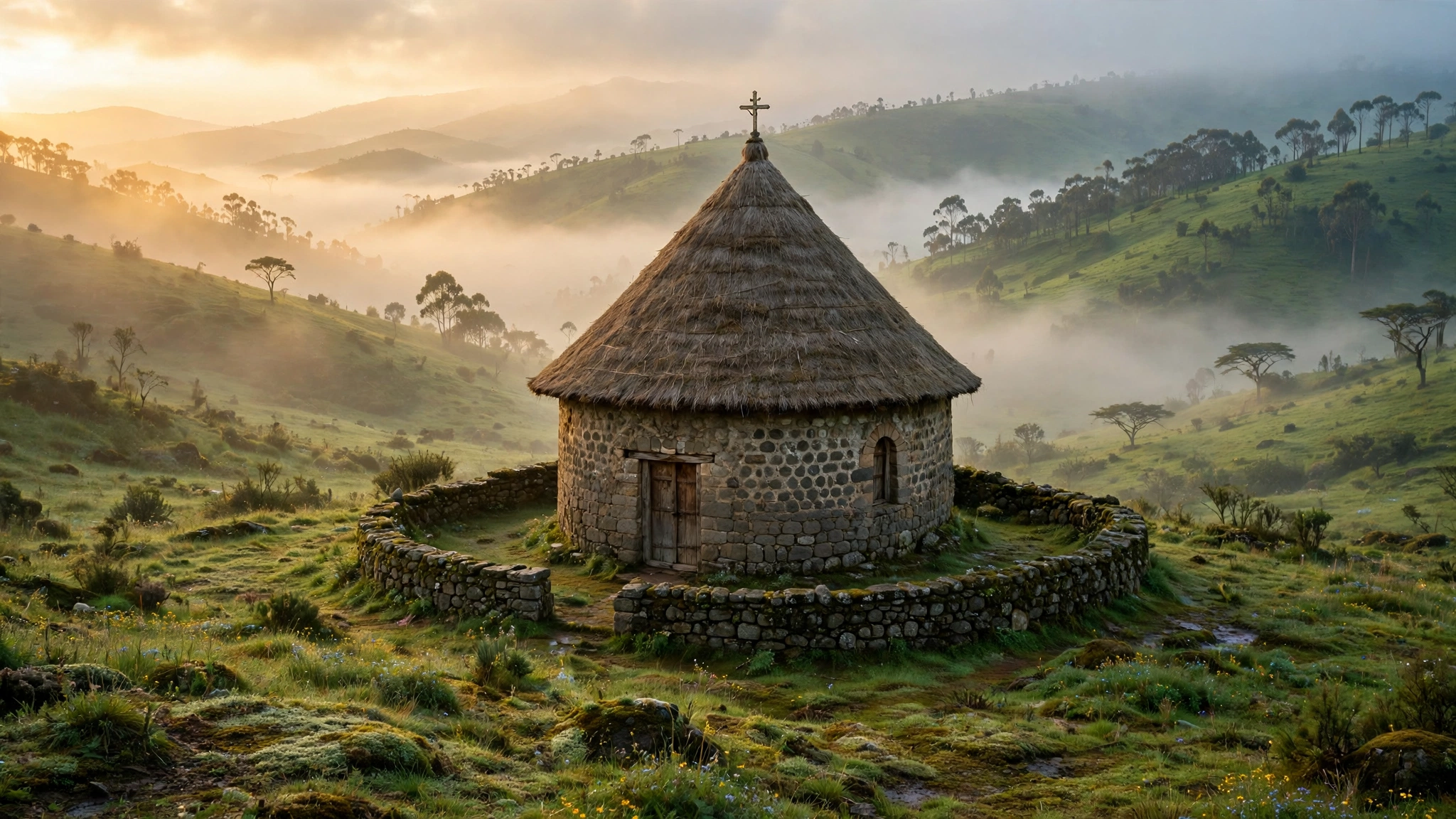 Ethiopian Orthodox church in the highlands at dawn with soft golden light