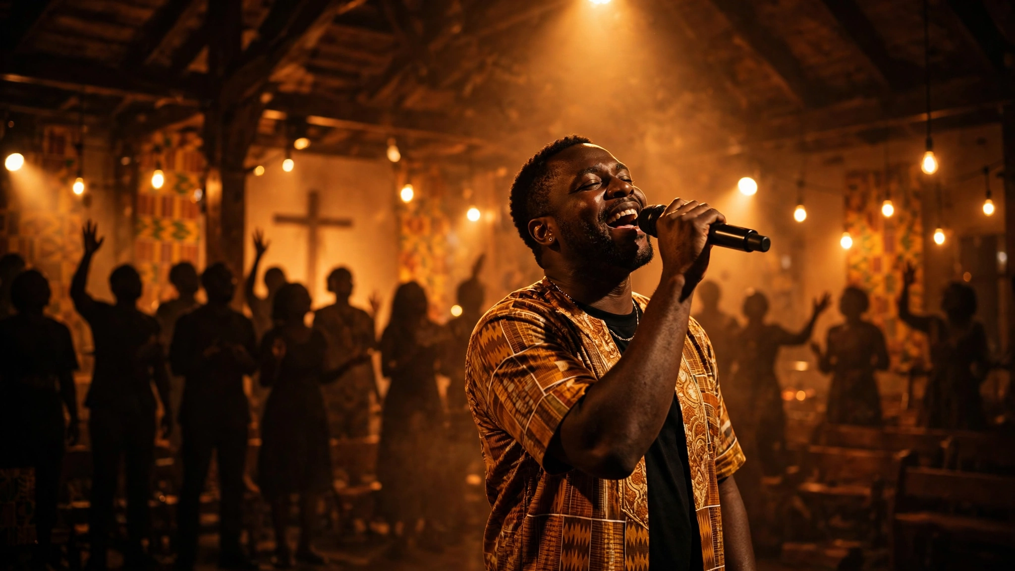 Gospel singer on stage holding a microphone under warm concert lights