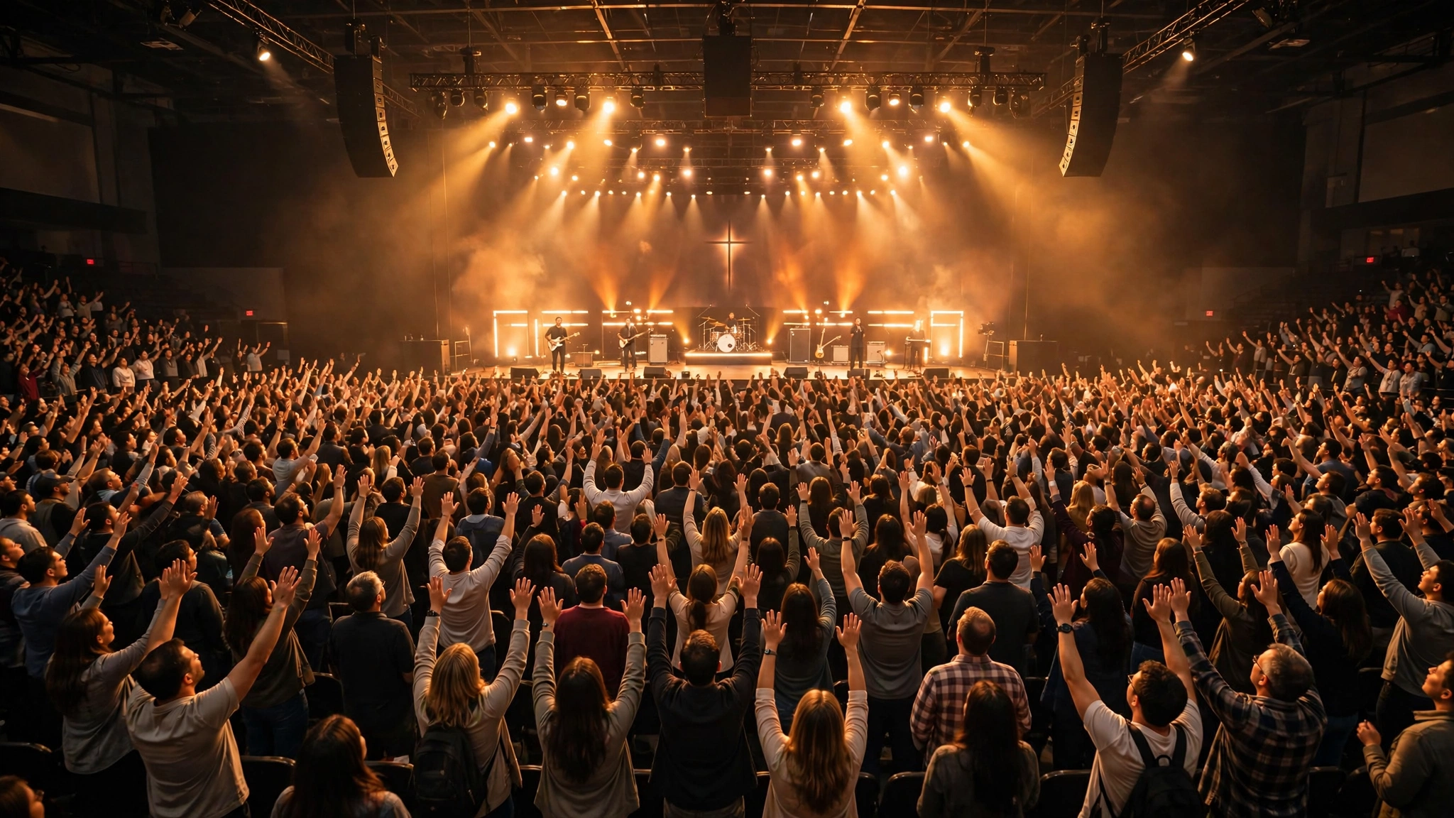Large worship gathering with raised hands under warm stage lights