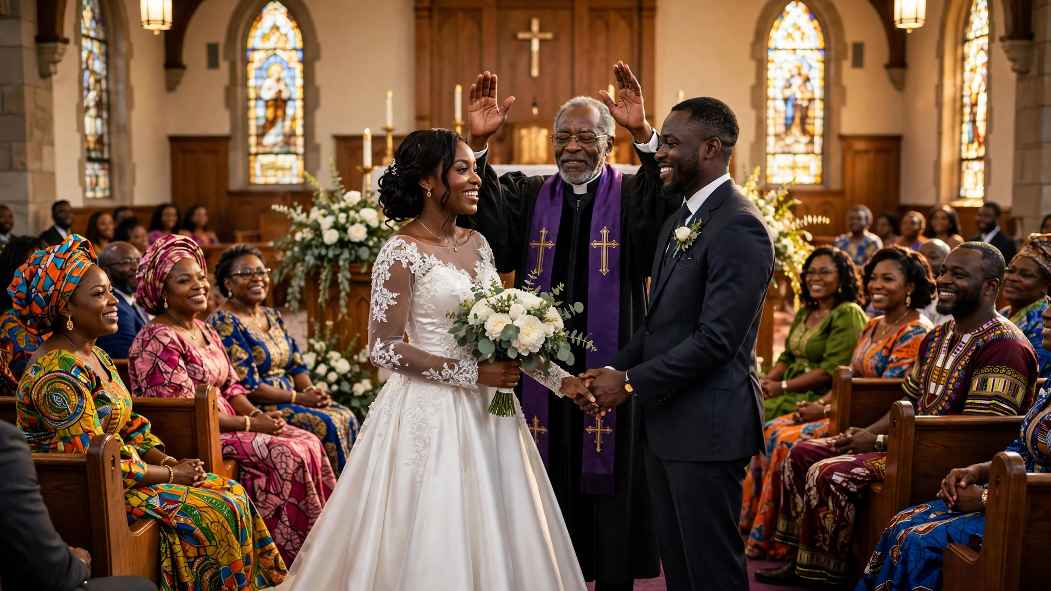 Joyful Nigerian Christian wedding ceremony inside a bright American church with a bride and groom at the altar