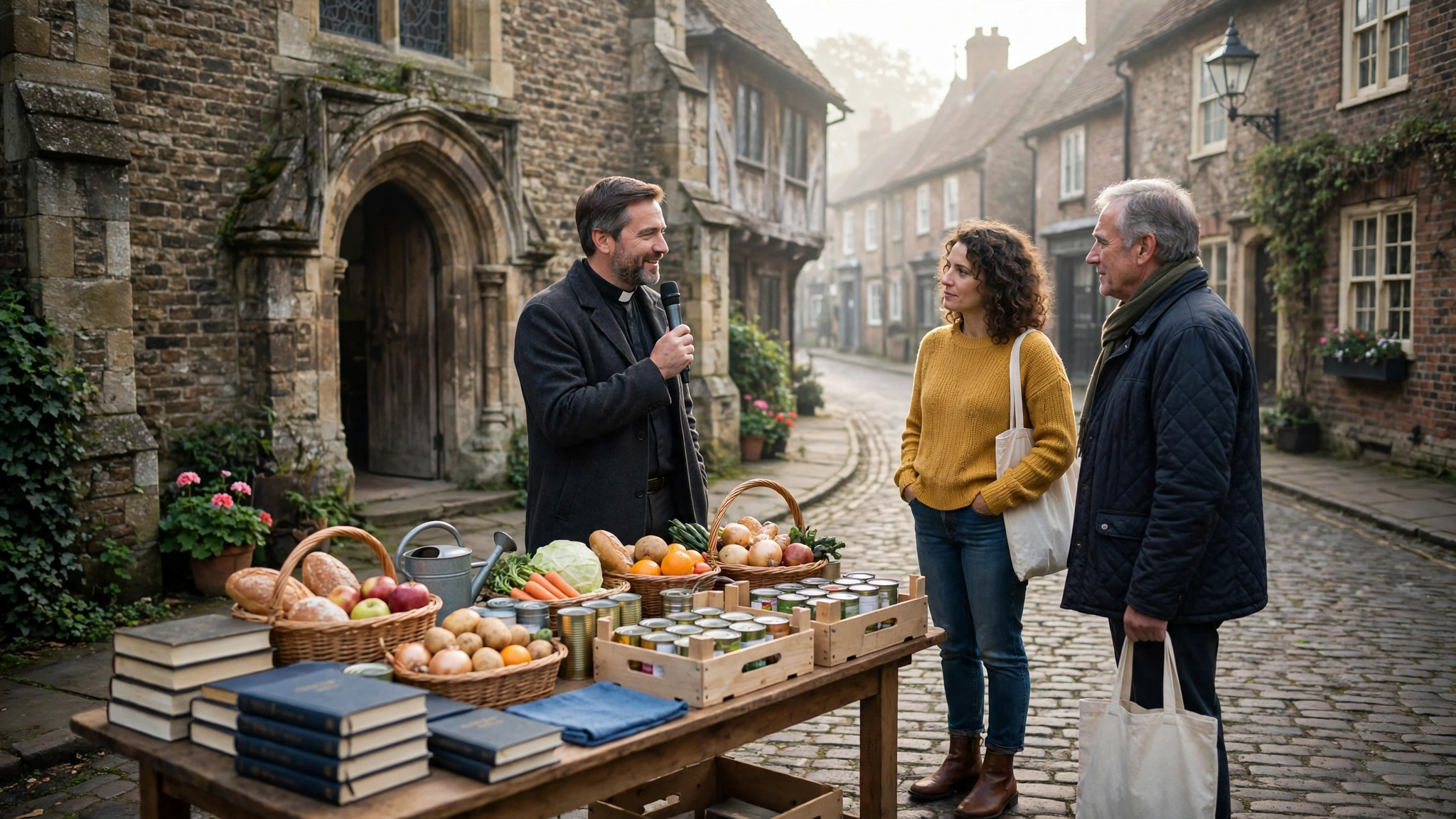 Small English street church outreach in a historic town centre with a pastor speaking to passersby