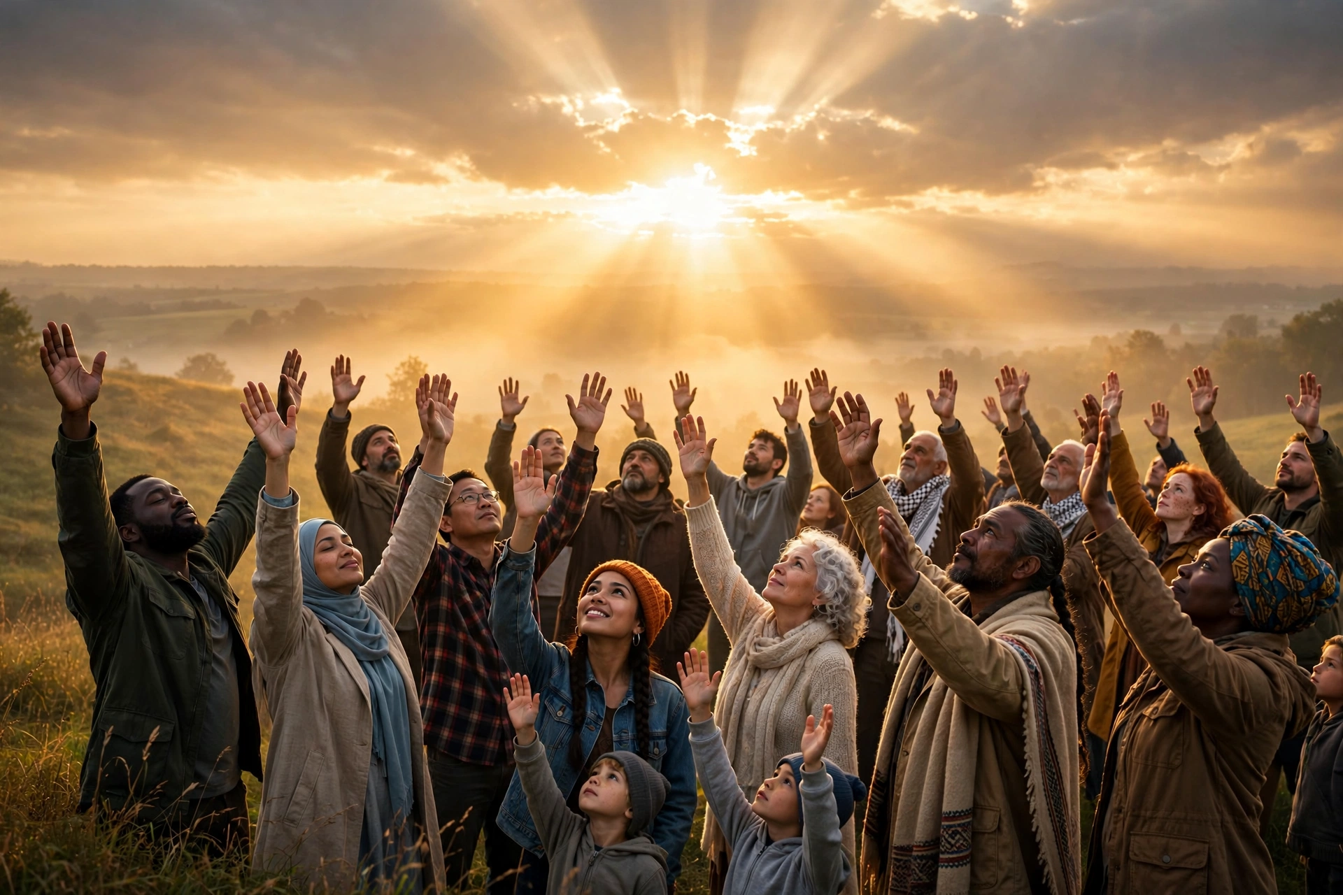 A warm golden sunrise over a diverse global crowd of worshippers with raised hands, light rays breaking through clouds