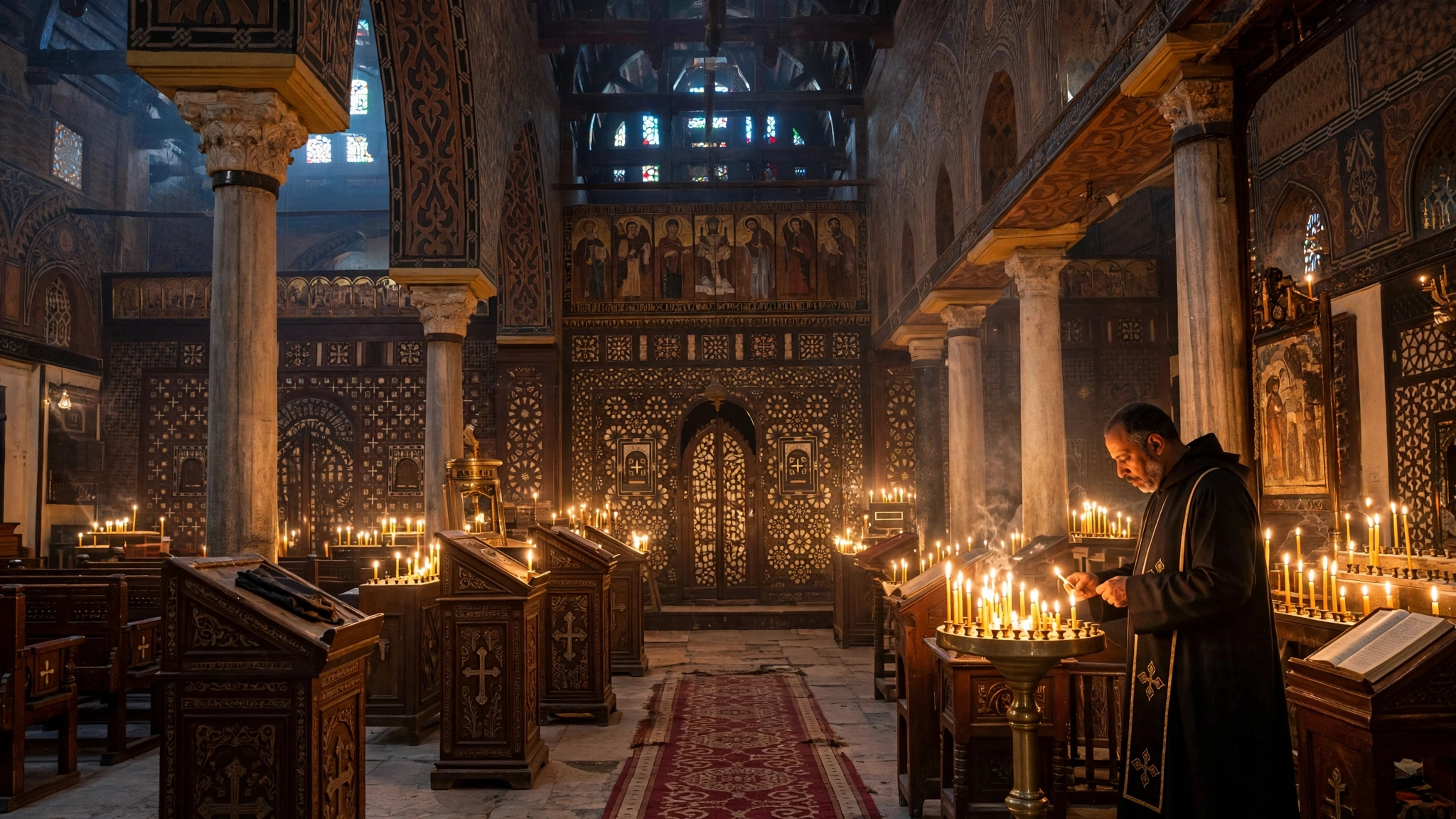 Ancient Coptic Orthodox church interior in Egypt at dawn with golden candlelight and icons