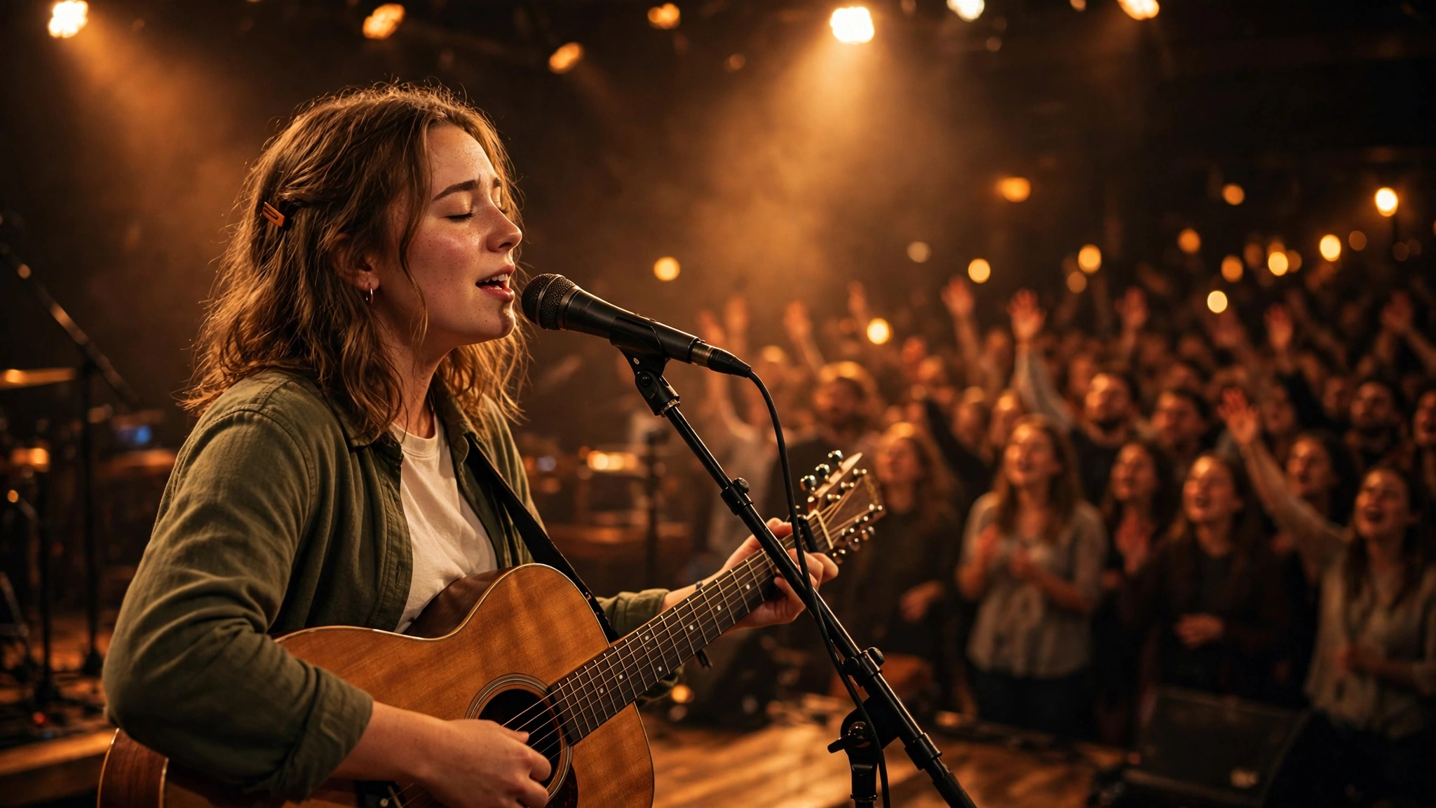 Young Christian folk-rock singer on stage with an acoustic guitar under warm amber lights before a joyful crowd