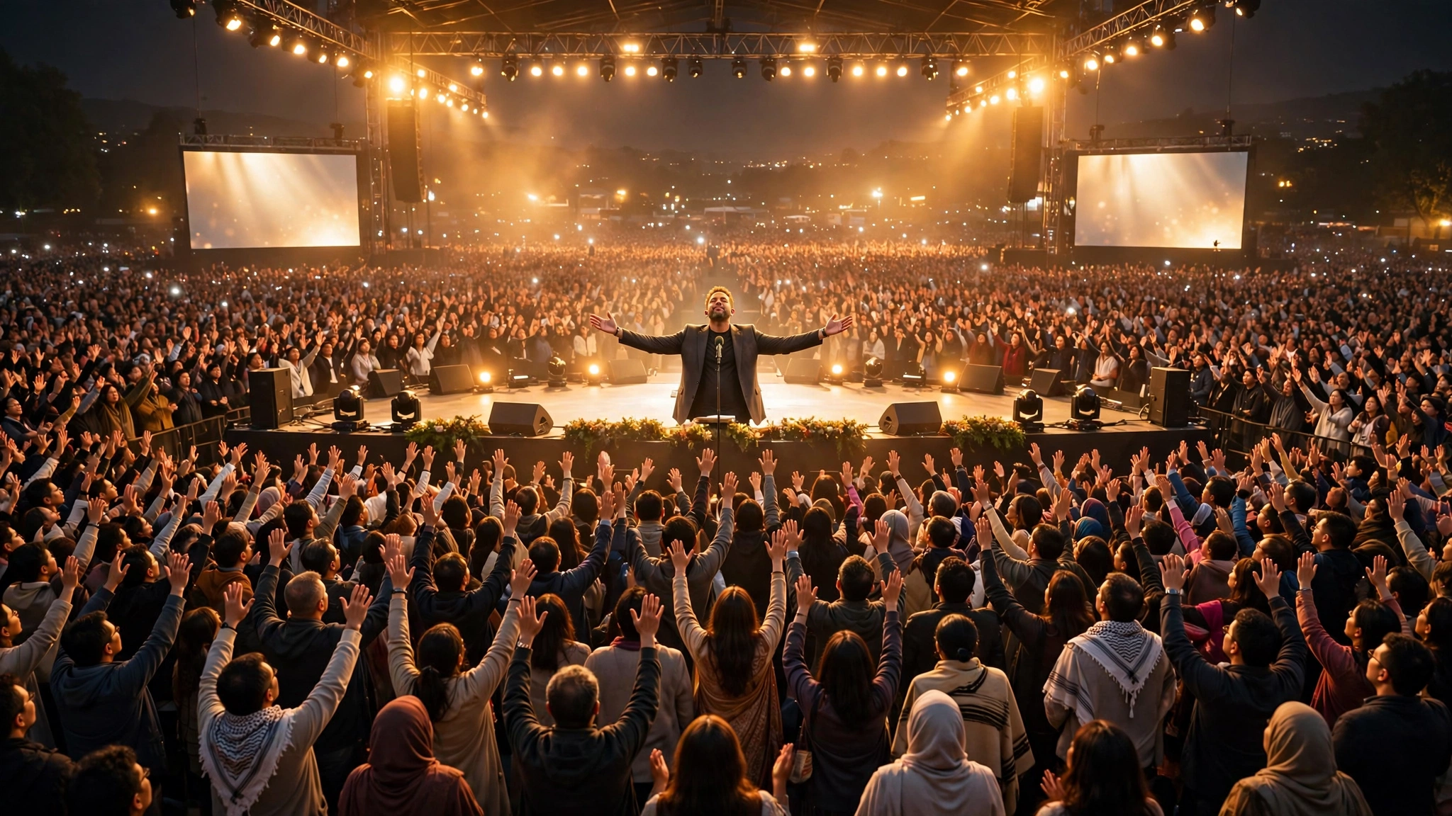Massive global Christian healing service with a pastor praying on a bright stage before thousands of worshippers