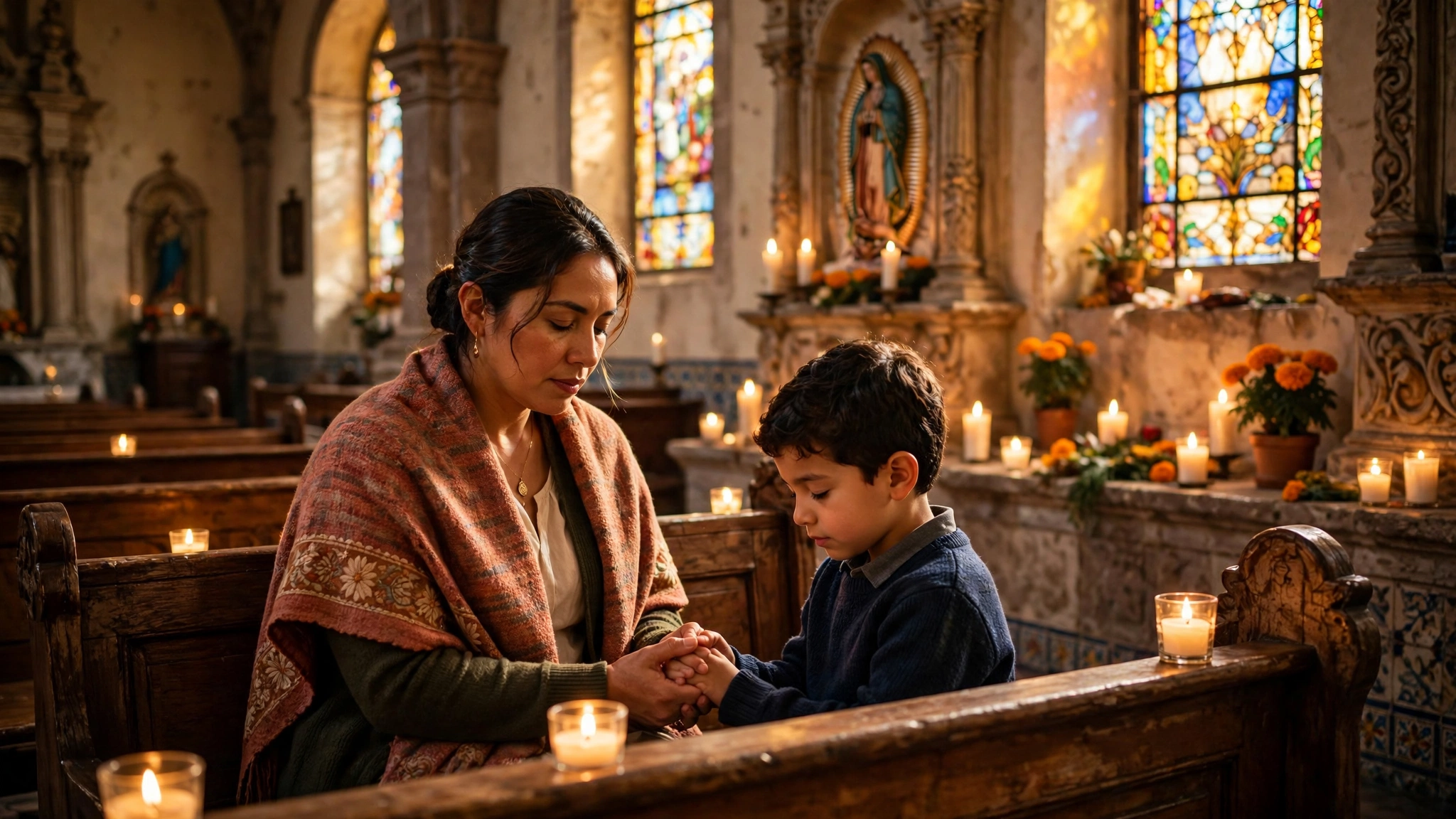 Interior de una iglesia católica mexicana con luz de velas y una madre rezando junto a un niño