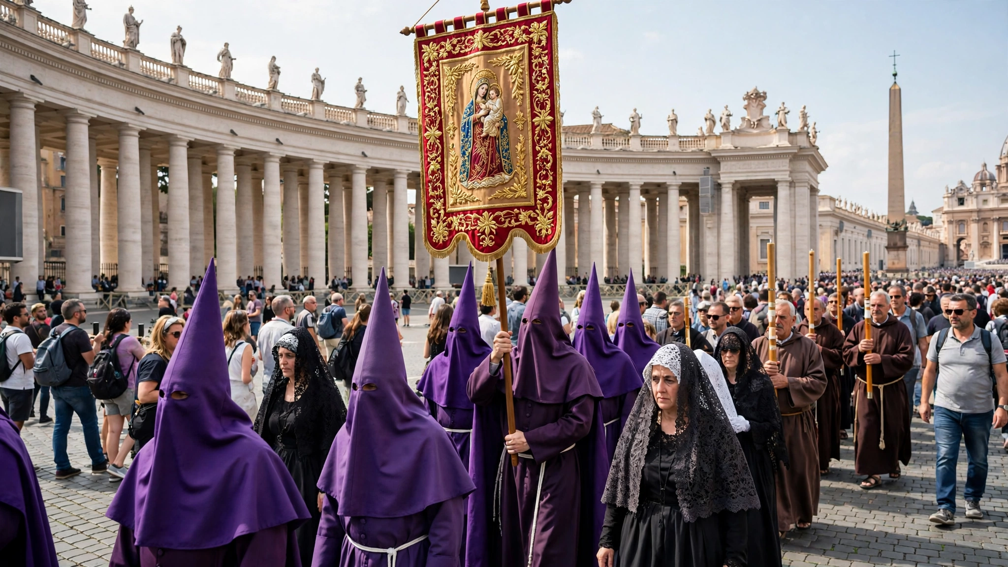 Plaza de San Pedro en Roma con una procesión de hermandad española y su estandarte entre peregrinos