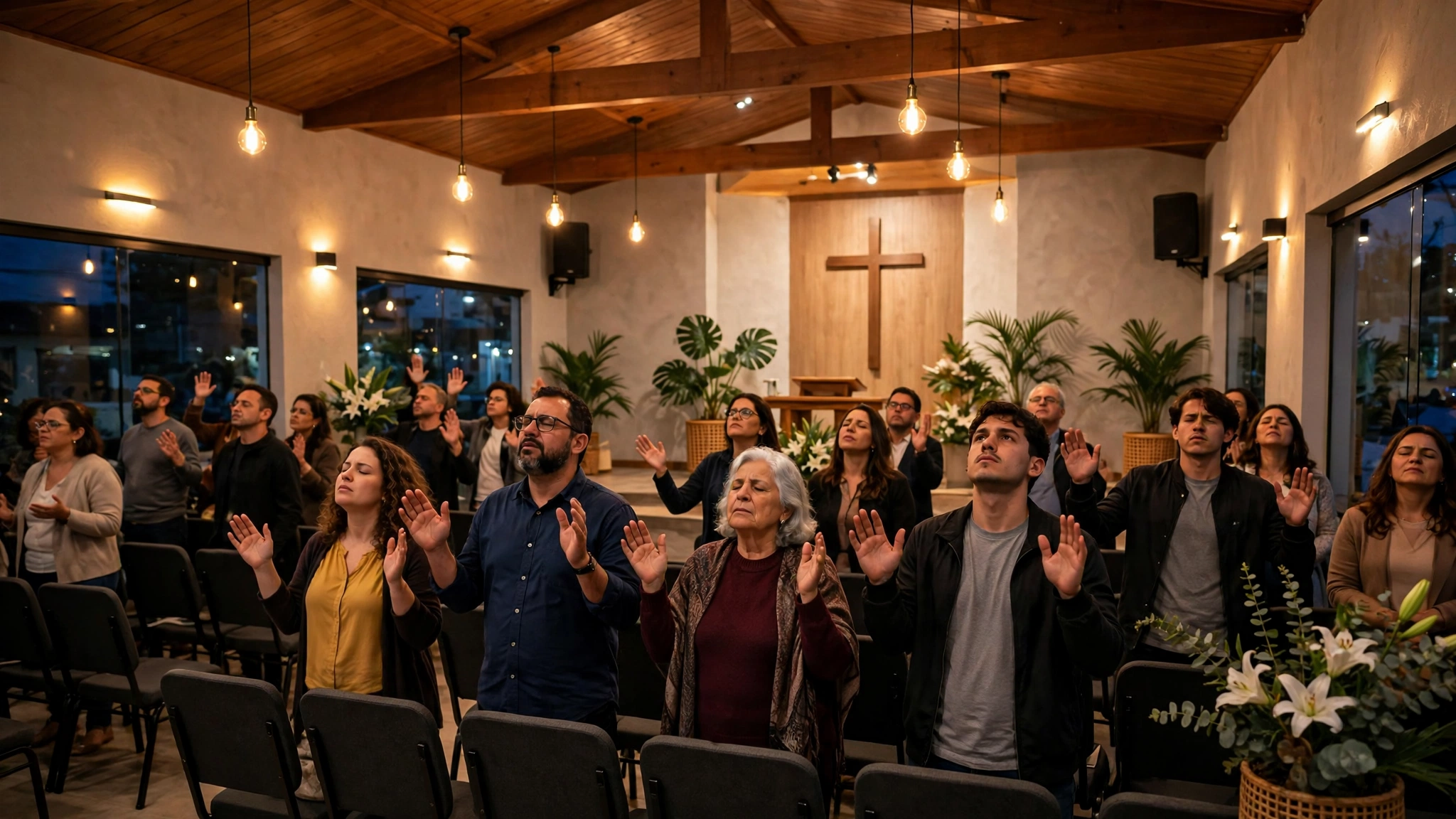Interior de uma igreja evangélica brasileira à noite com fiéis orando de mãos erguidas entre as cadeiras