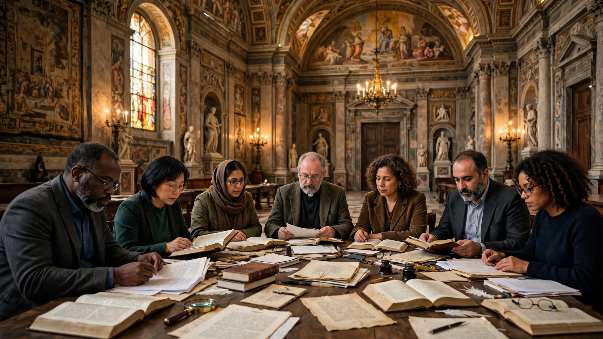 Grande salle du Vatican avec des théologiens de plusieurs continents réunis autour d'une table avec des livres