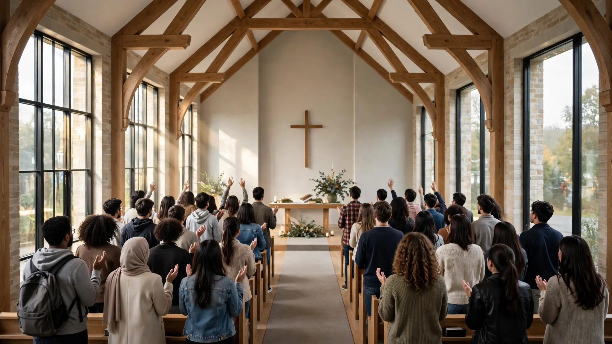 A diverse congregation of young Christians worshipping together in a modern British church
