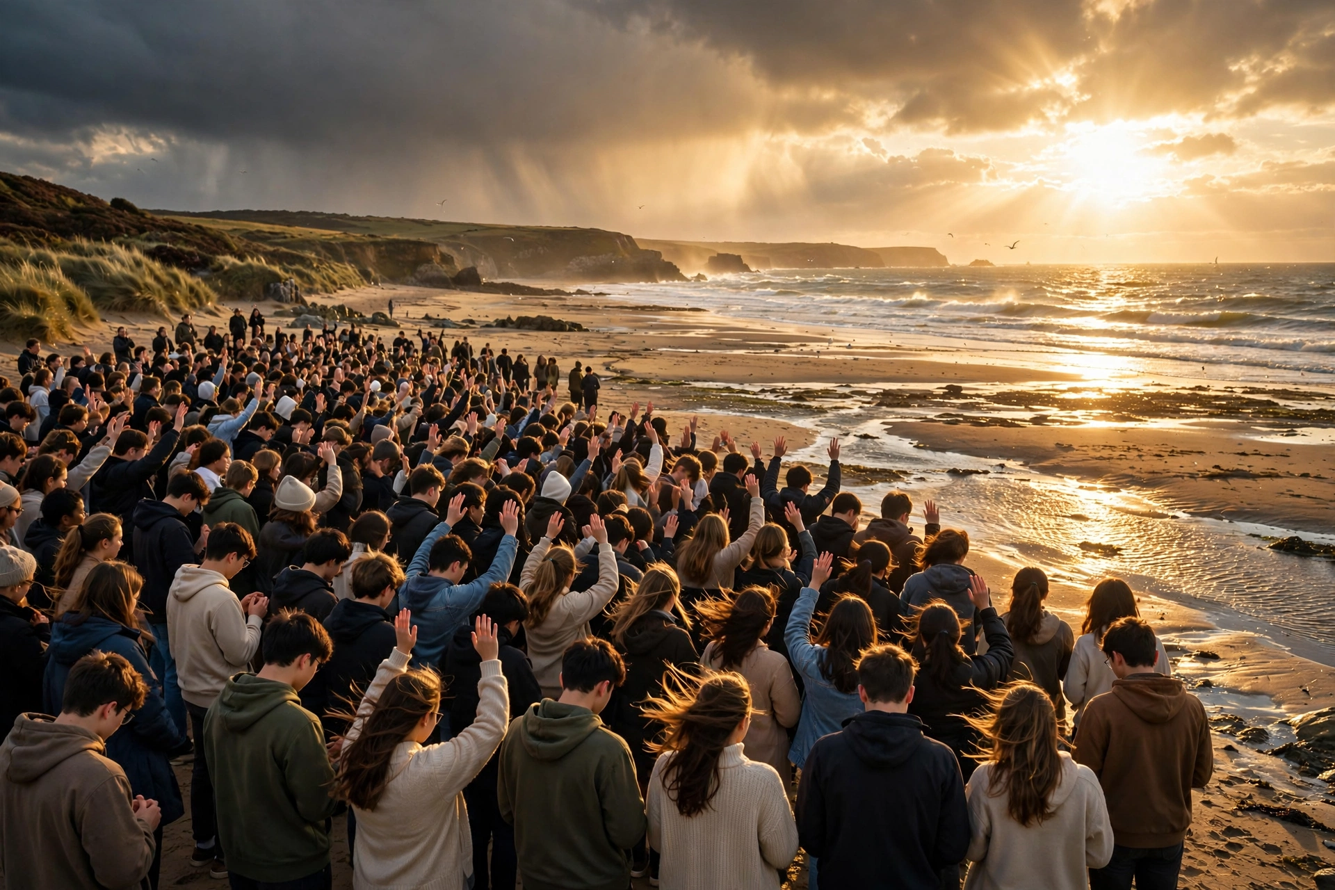 Hundreds of young people standing together on a British beach at golden hour, heads bowed in prayer, hands lifted, waves glinting behind them