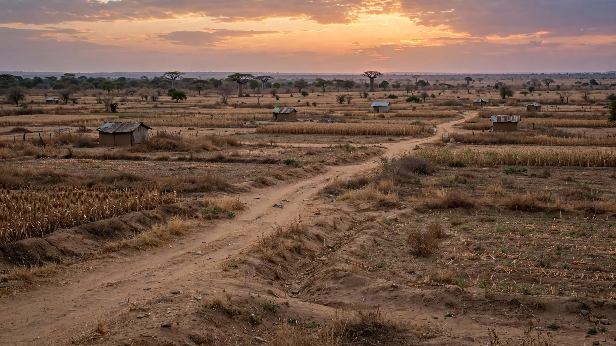 A rural village in northern Nigeria at dusk with scattered houses, farmland and a distant tree line