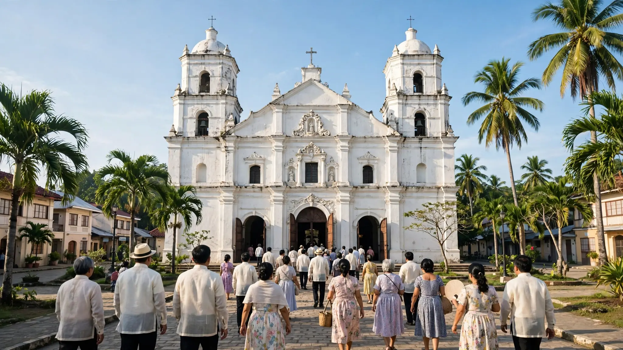 White colonial cathedral in the Philippines in bright morning light with palm trees and people walking toward open doors
