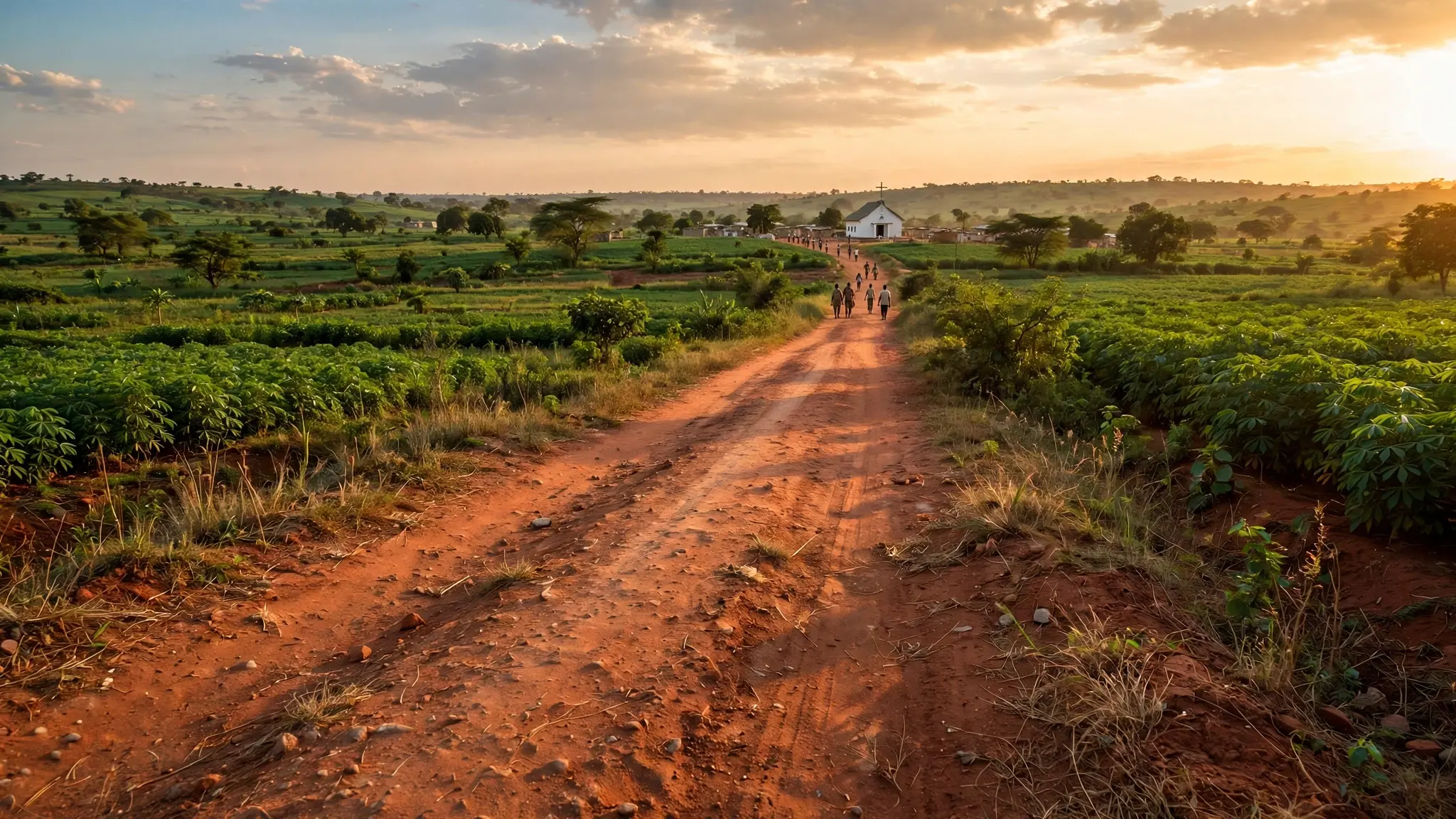 Rural red dirt road in Benue State Nigeria at golden hour with green farmland and a small white church in the distance
