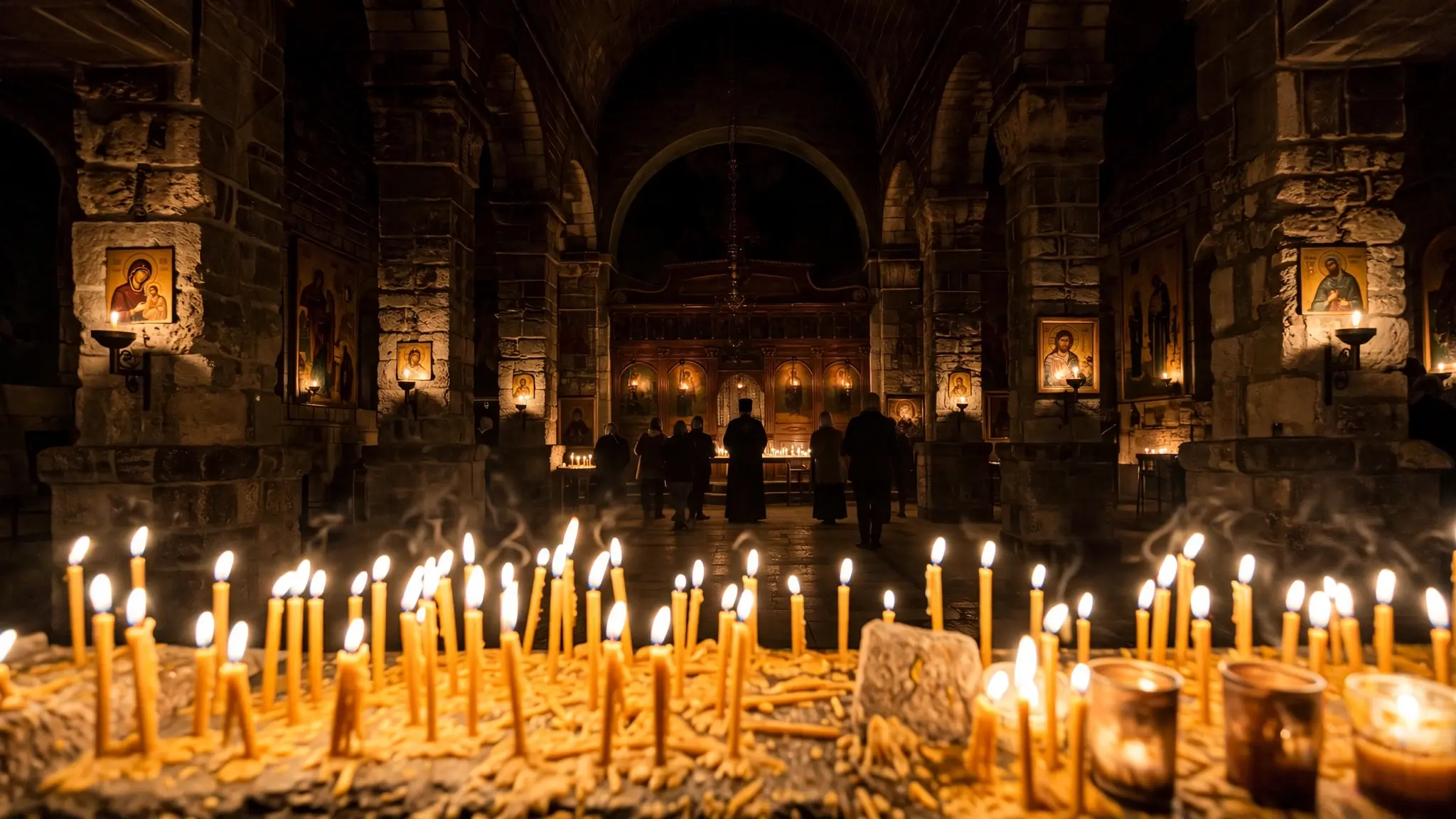 Candles burning in a stone Greek Orthodox church in Jordan with mourners in silhouette