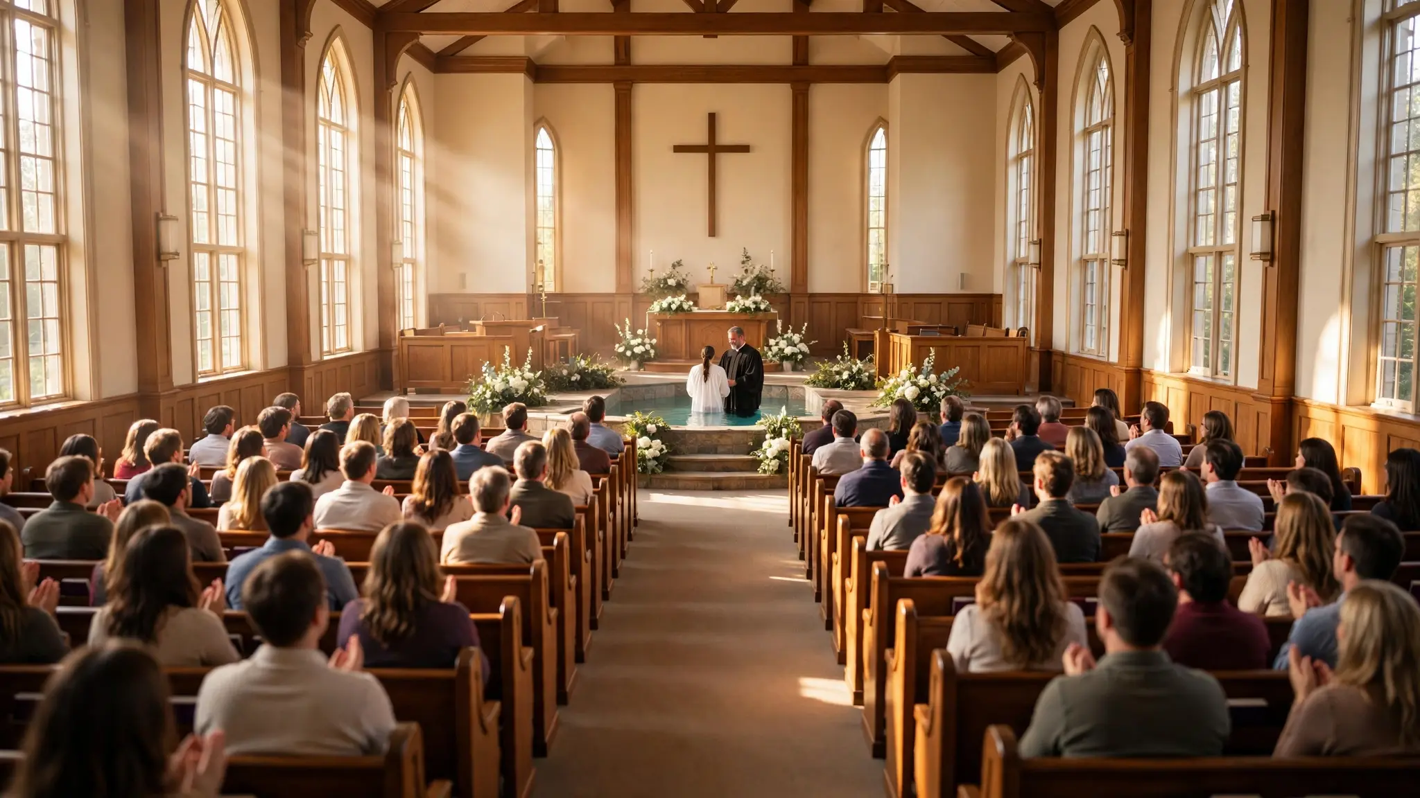 Baptism service inside a bright American church with a young person in white robes in the baptistry pool and the congregation watching