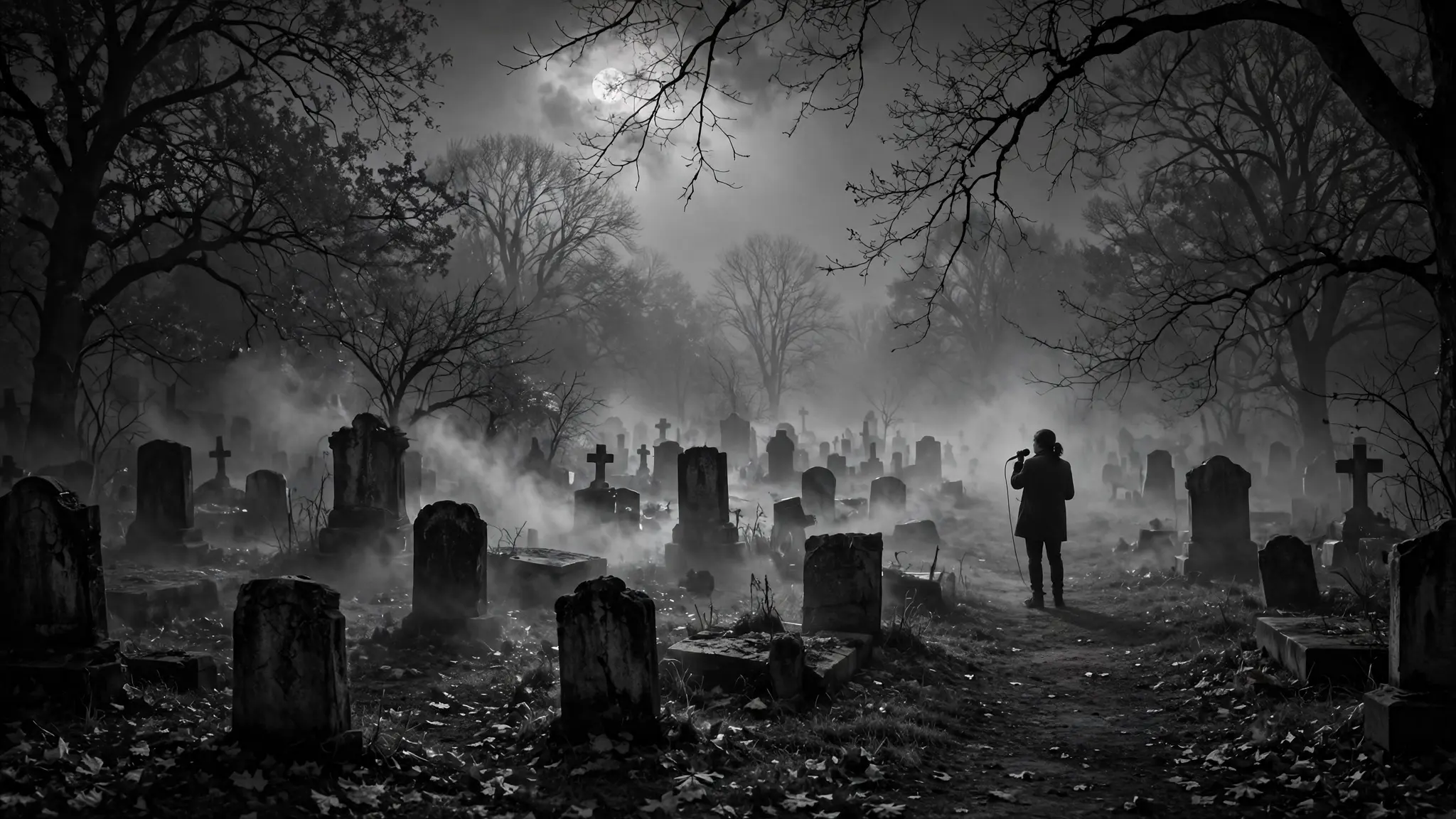 A lone singer seen from behind in a foggy cemetery at night, with old tombstones and bare trees under moonlight