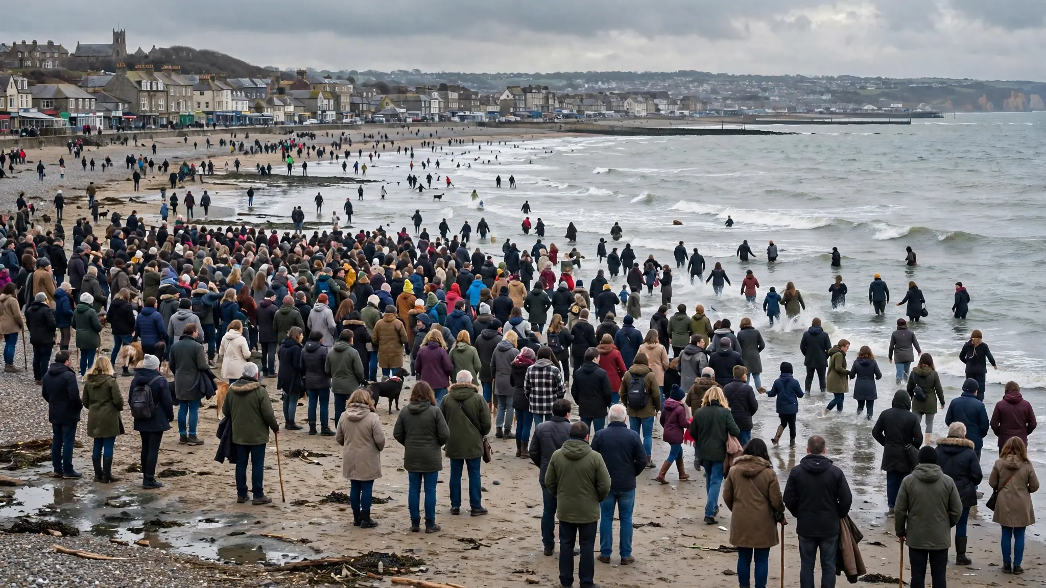 Hundreds of people gathered on a cold grey English beach at the edge of the North Sea, with crowds on the sand seen from behind